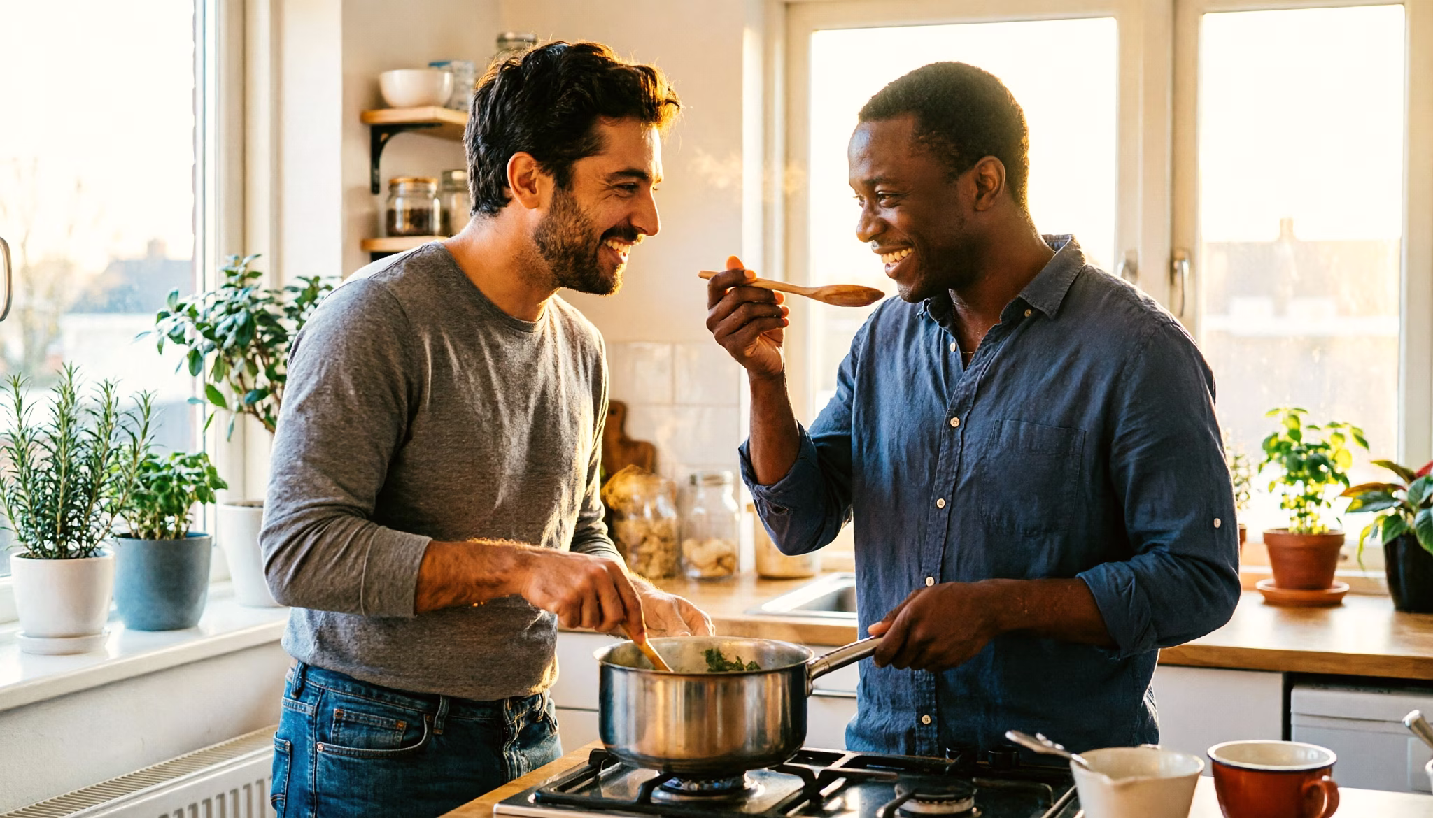 Twee vrienden van in de dertig koken samen bij het fornuis in een warme, met planten gevulde appartementskeuken