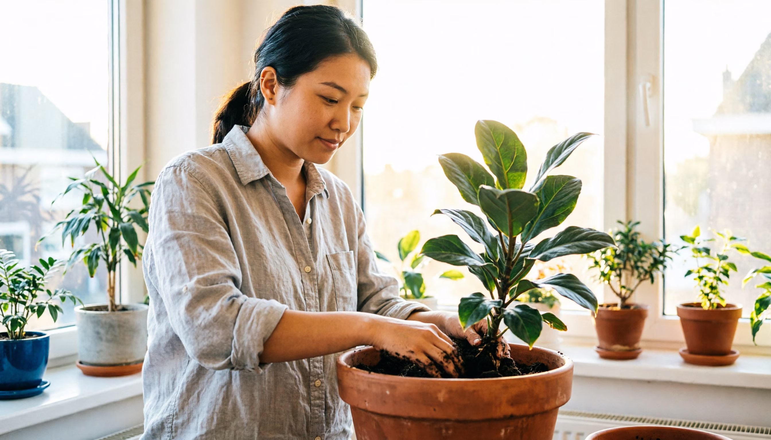 Een jonge huiseigenaar verpot een kamerplant bij een zonnig raam