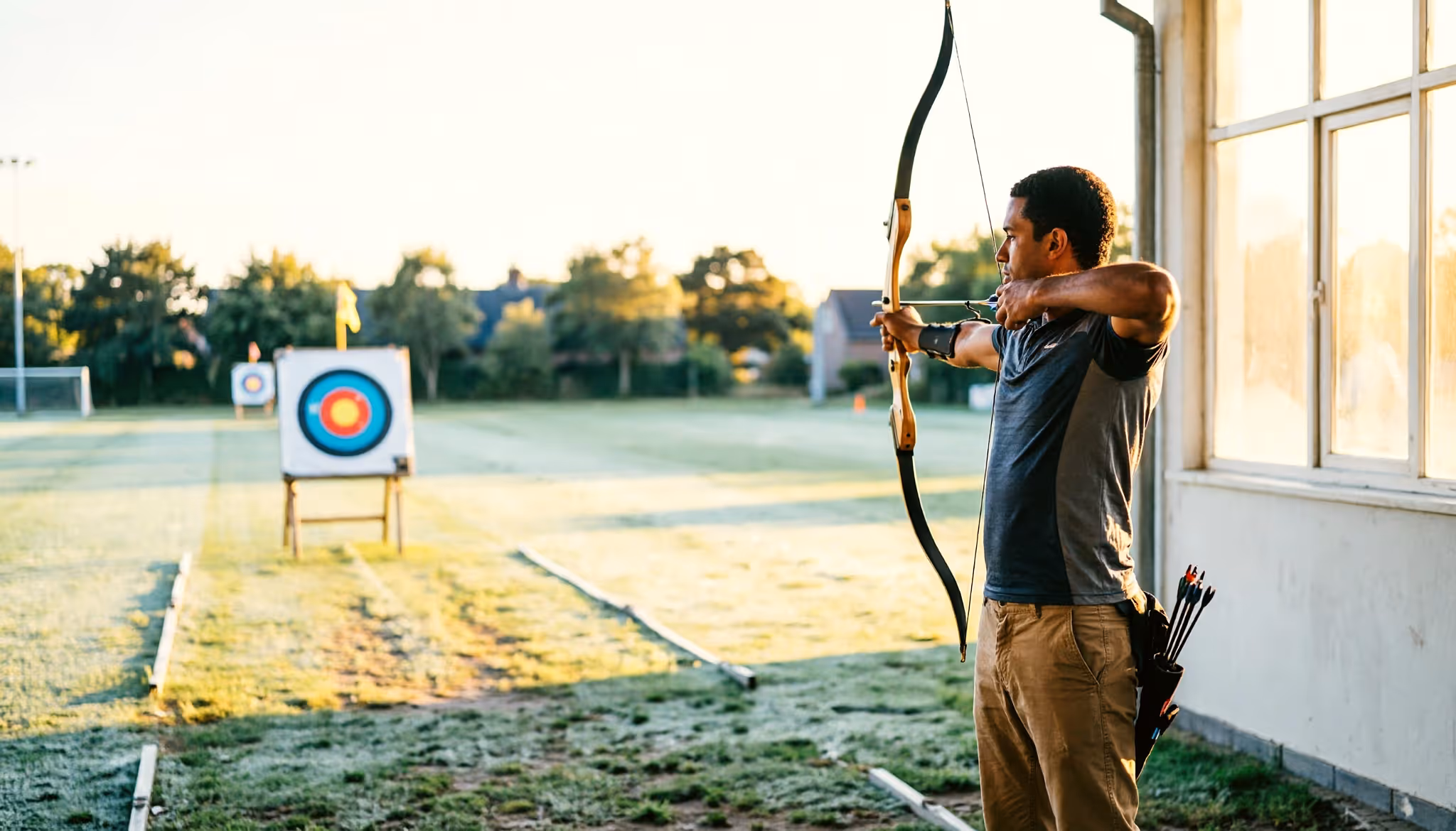 A man in his early thirties of North-African appearance draws a recurve bow at an outdoor archery range, focused and calm, a grassy Dutch sports field behind him in warm late-afternoon light