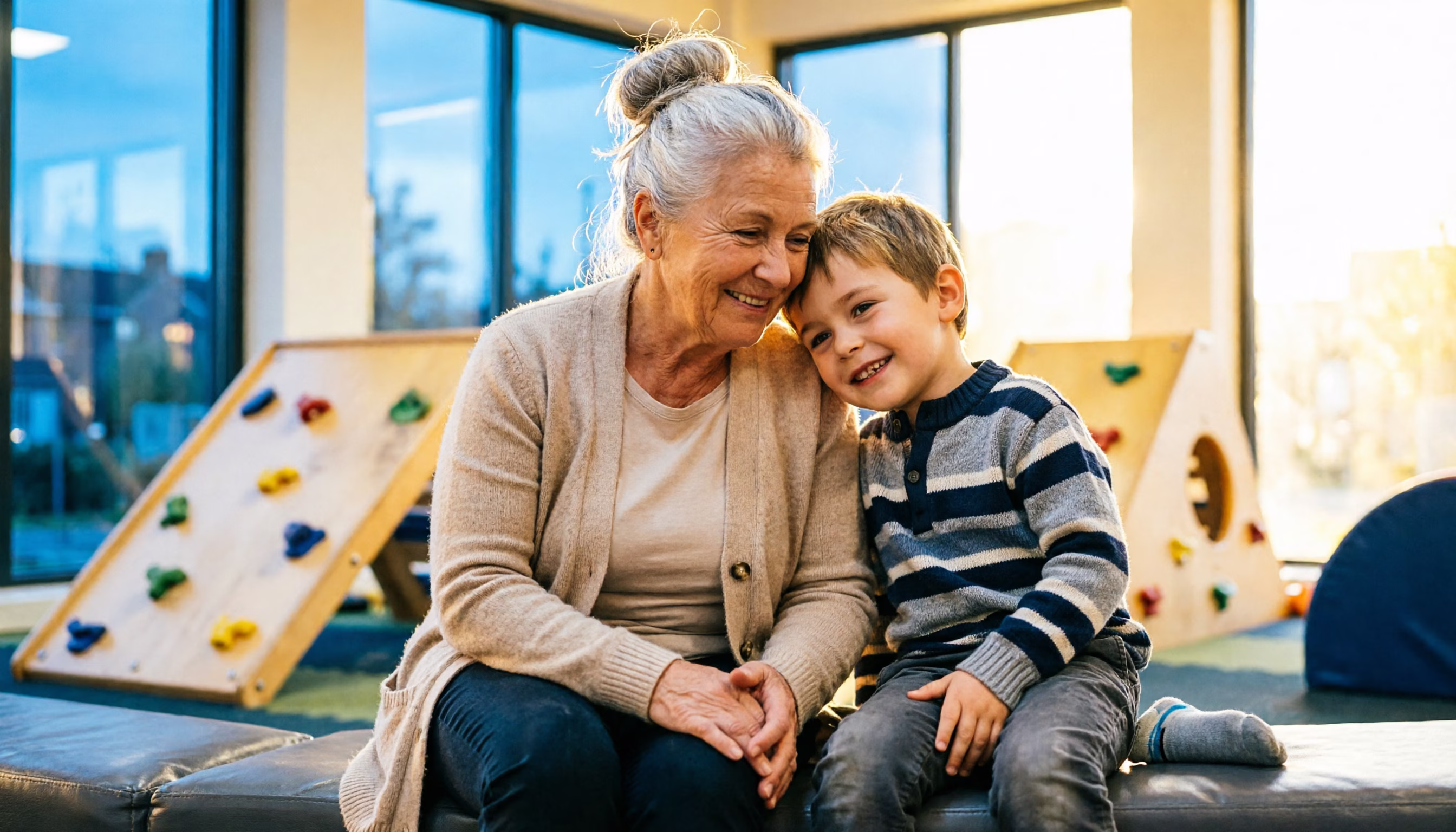 Een oma en haar kleinzoon komen even op adem in een binnenspeeltuin op een herfstavond