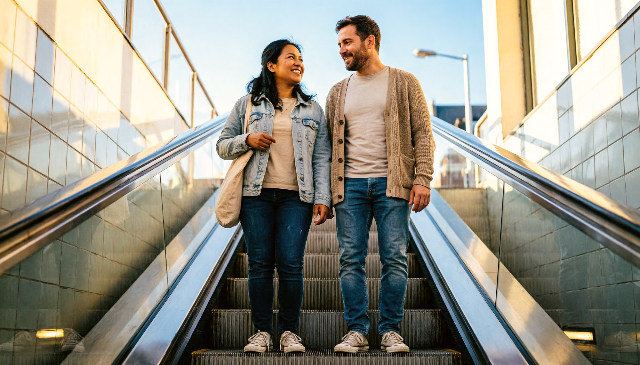 A couple ride the escalator up out of a Dutch metro station into the street on a spring evening, seen from above as the blue hour light reaches them