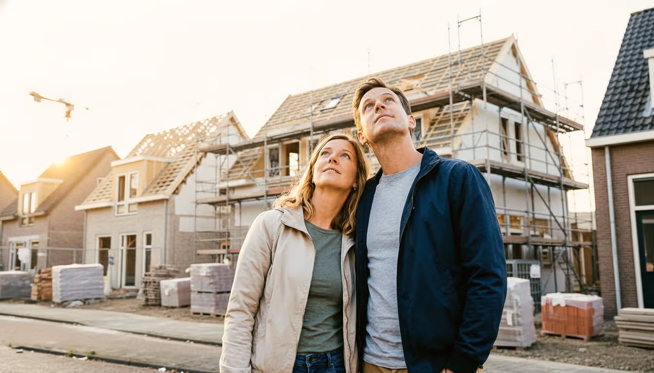 Een stel staat voor hun huis dat middenin de verbouwing zit, steigers zichtbaar, en kijkt samen omhoog naar het gebouw in het avondlicht