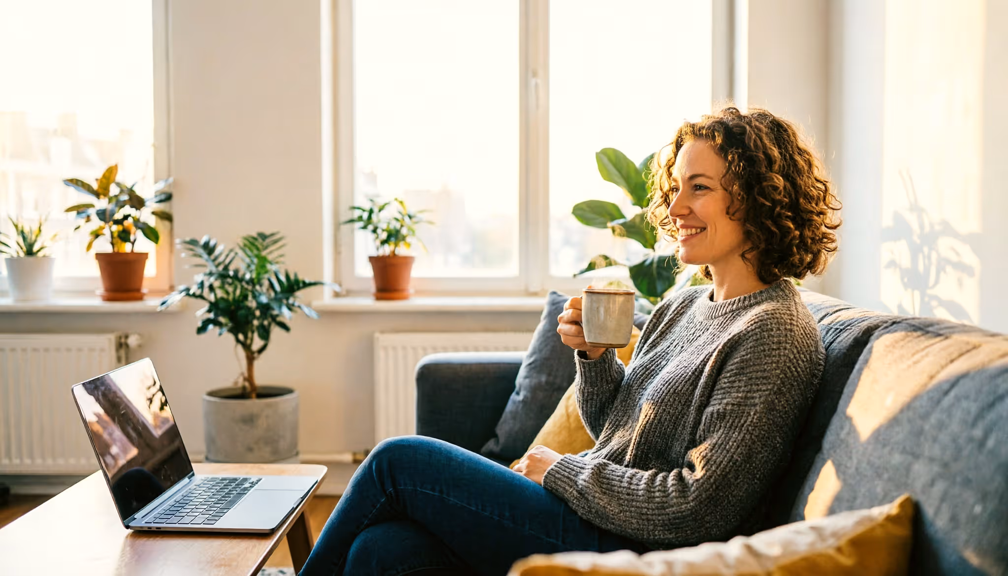 Een vrouw geniet met een warme mok van een rustige ochtend in haar lichte Amsterdamse appartement