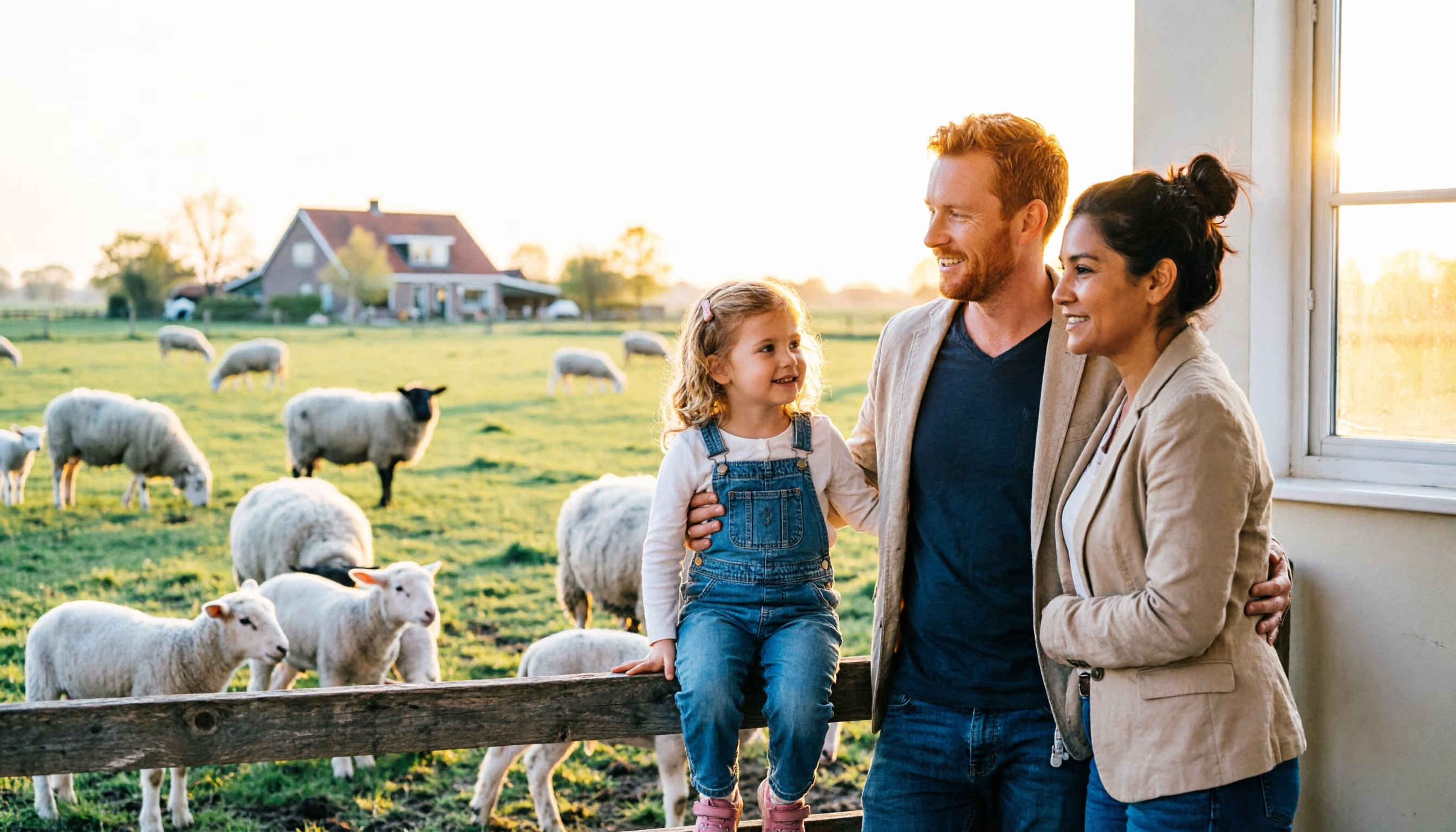 Bedrijfsschadeverzekering: een gezin kijkt bij een weiland naar lammetjes in het gouden avondlicht