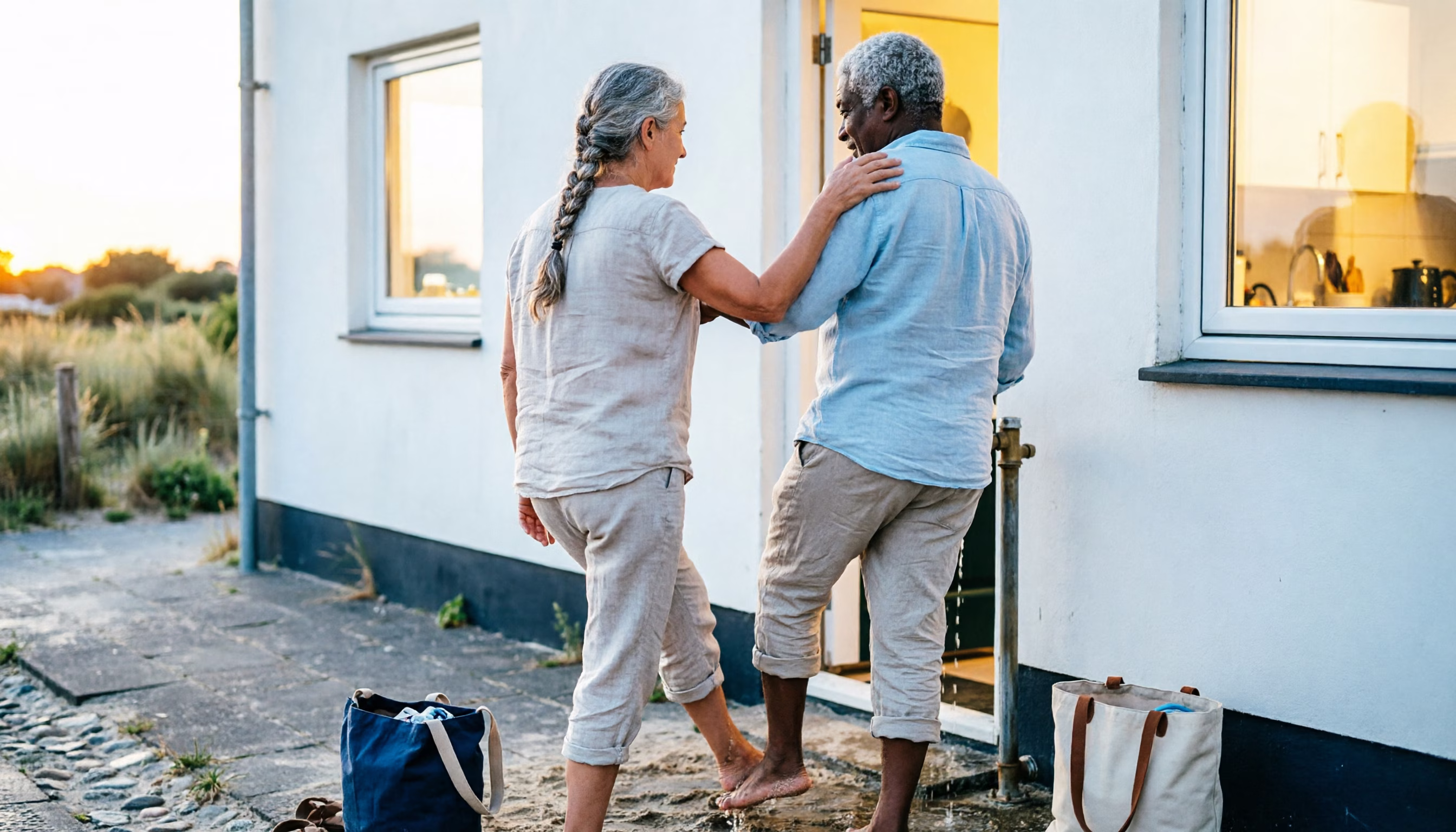 Een stel spoelt na een stranddag zand van de voeten bij de buitenkraan in de schemering