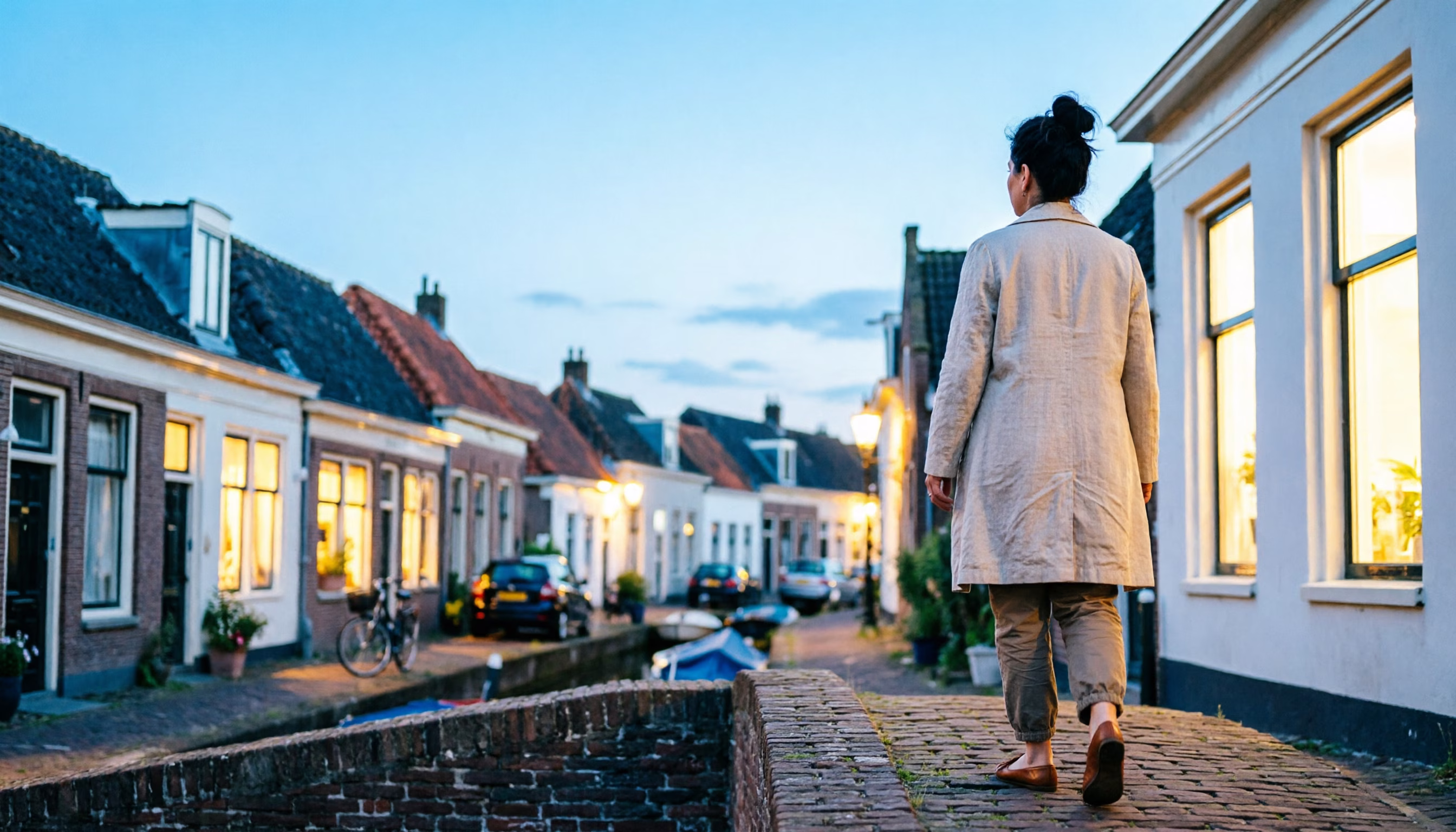 Bedrijfsaansprakelijkheidsverzekering: een ondernemer loopt in de schemering over een grachtenbrug naar huis