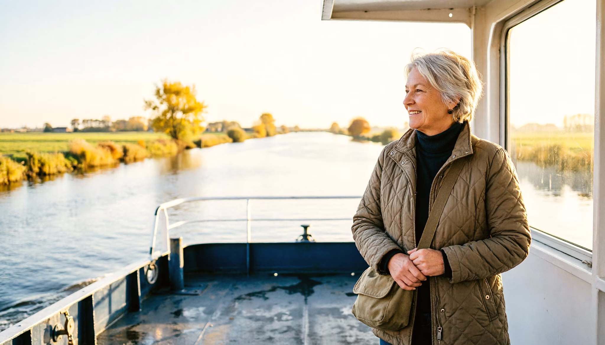 A woman in her early fifties stands on the open deck of a small Dutch river ferry as it crosses at first light
