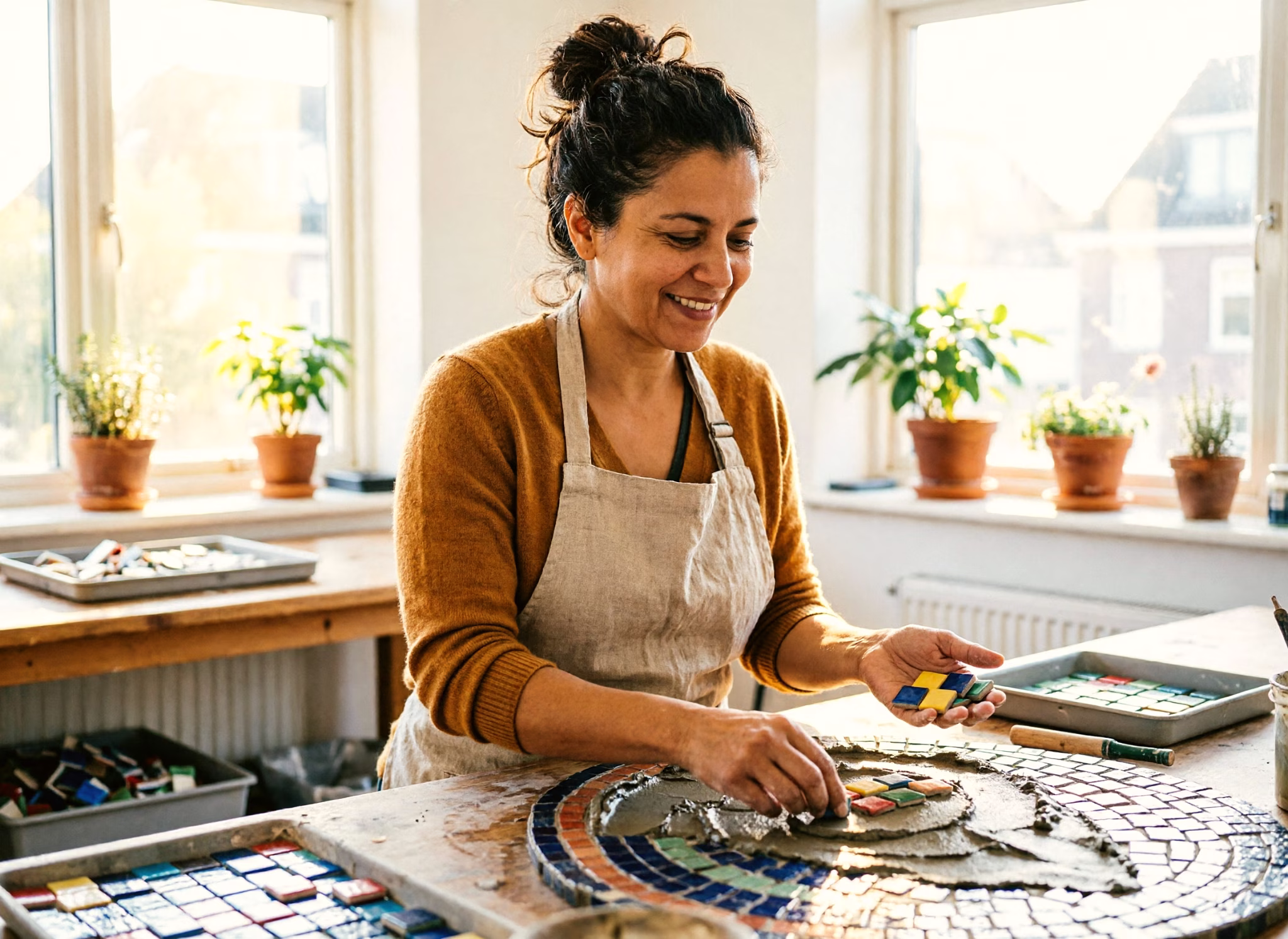 A woman lays coloured tiles into a mosaic tabletop at a sunlit worktable in a home studio