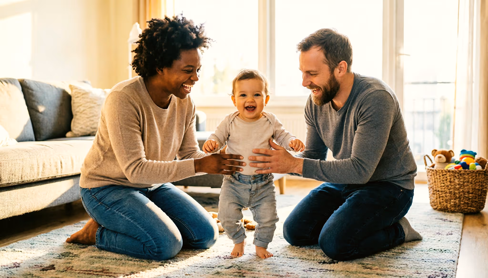 Two parents kneel on the living-room rug as their baby takes its first steps between them