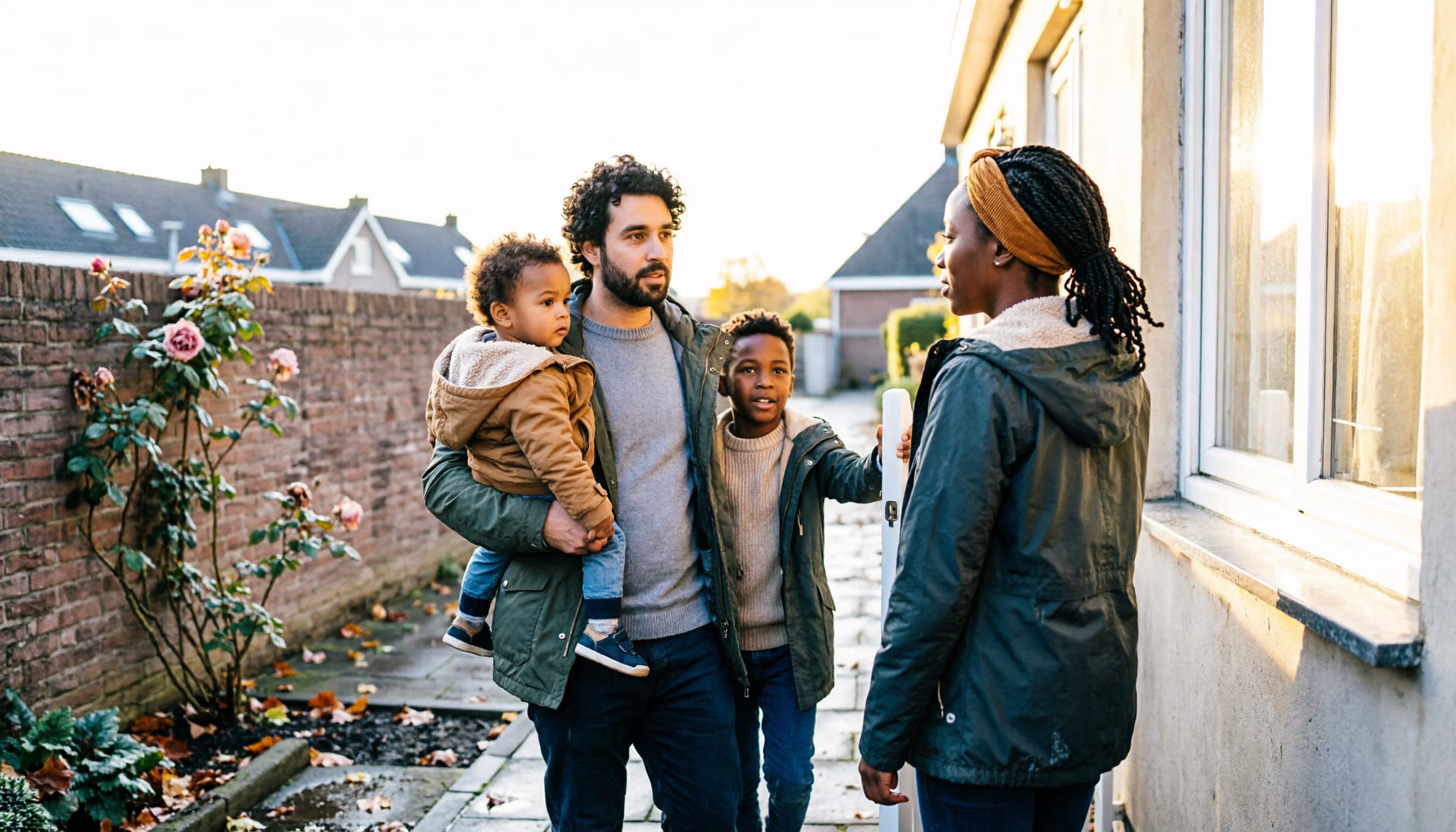 Childcare allowance application: a family comes out through their back gate into the alley on a grey autumn morning