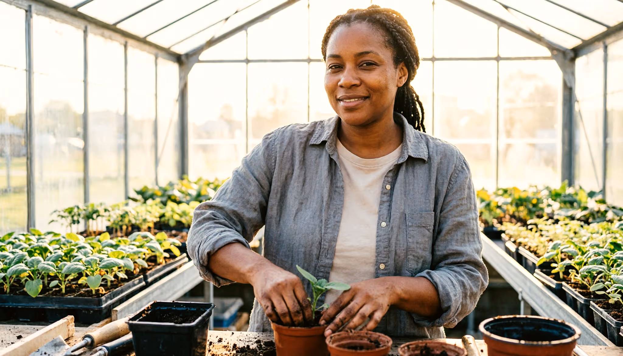 Een vrouw verzorgt jonge plantjes in een lichte gemeenschappelijke kas