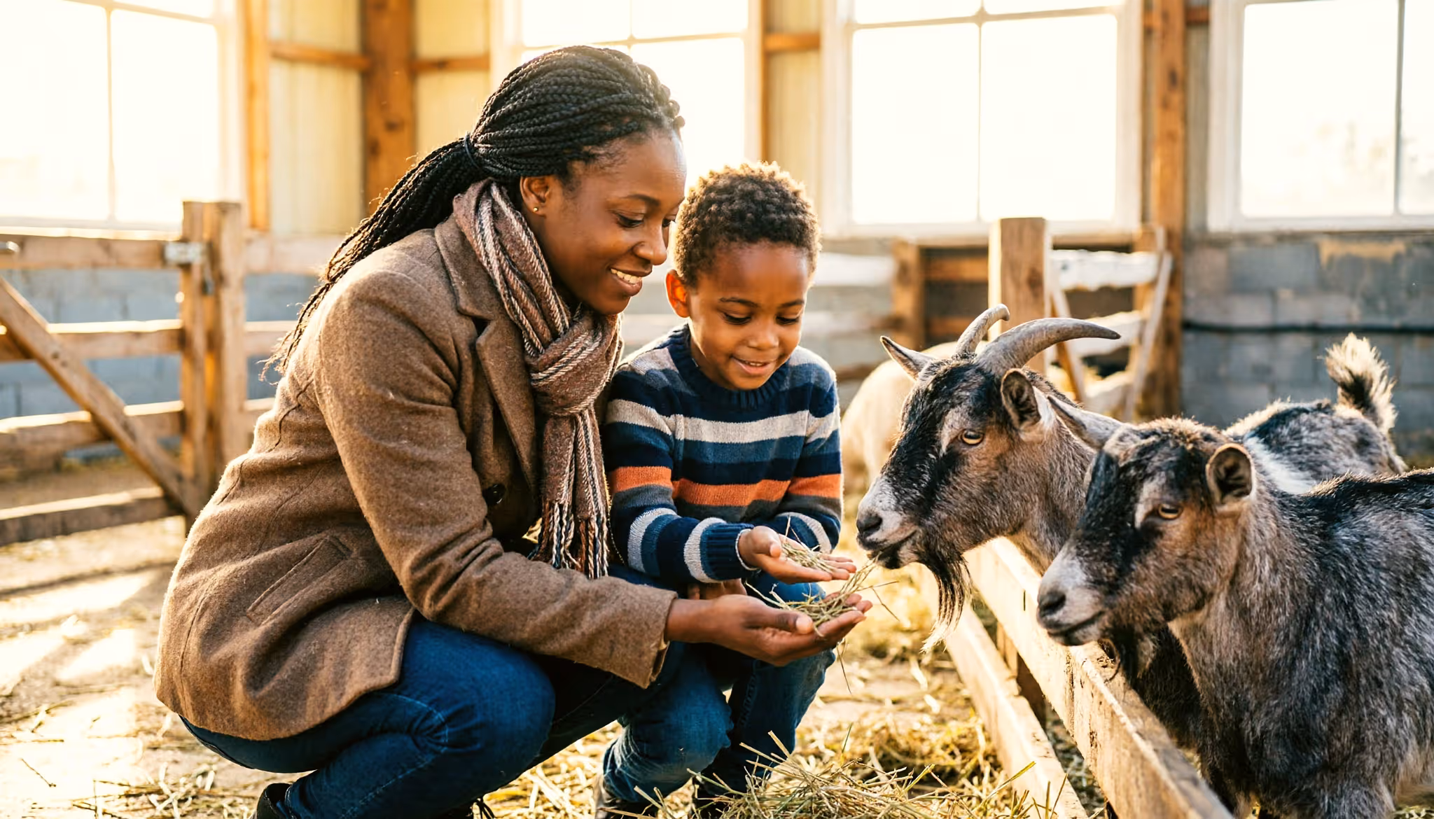 Een ouder en kind voeren geiten op een Nederlandse kinderboerderij op een zonnige middag