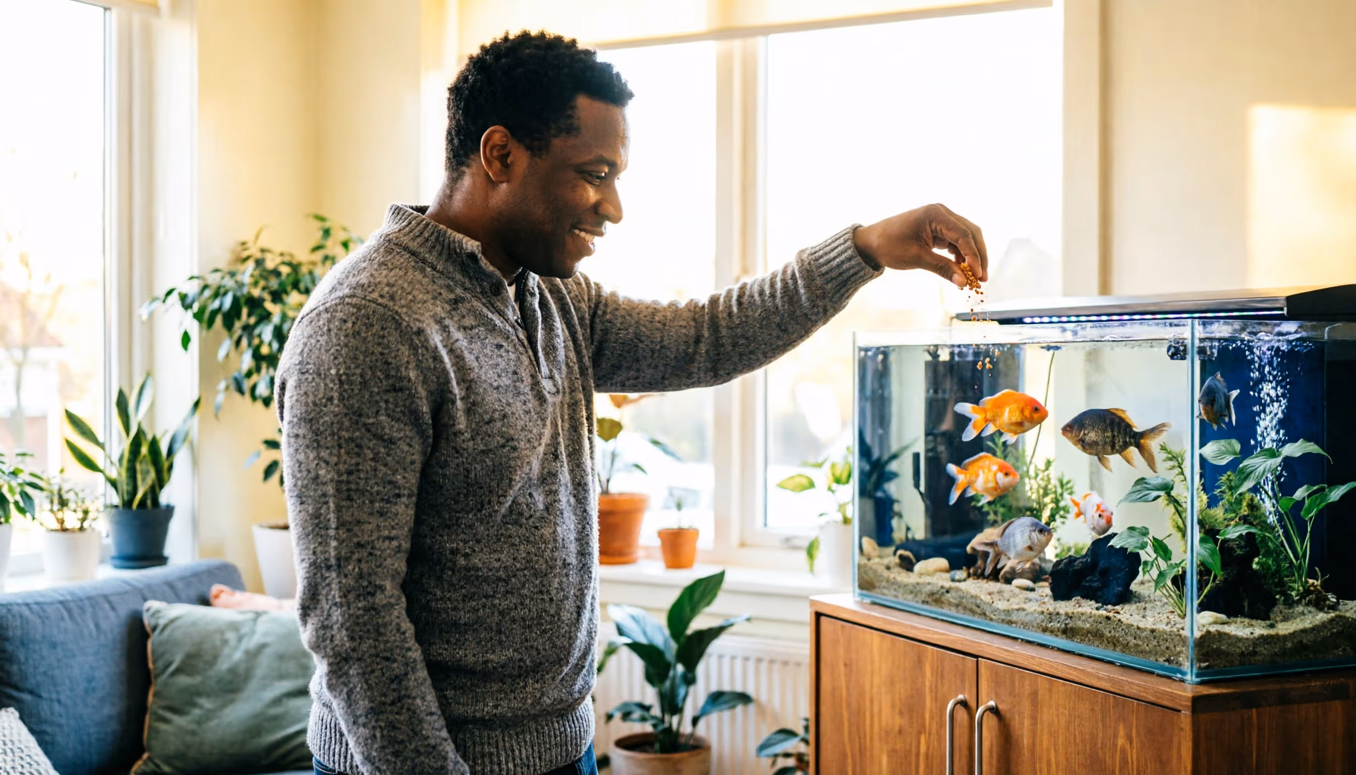 Een man van begin veertig voert de vissen in een aquarium in een zonnige Nederlandse woonkamer