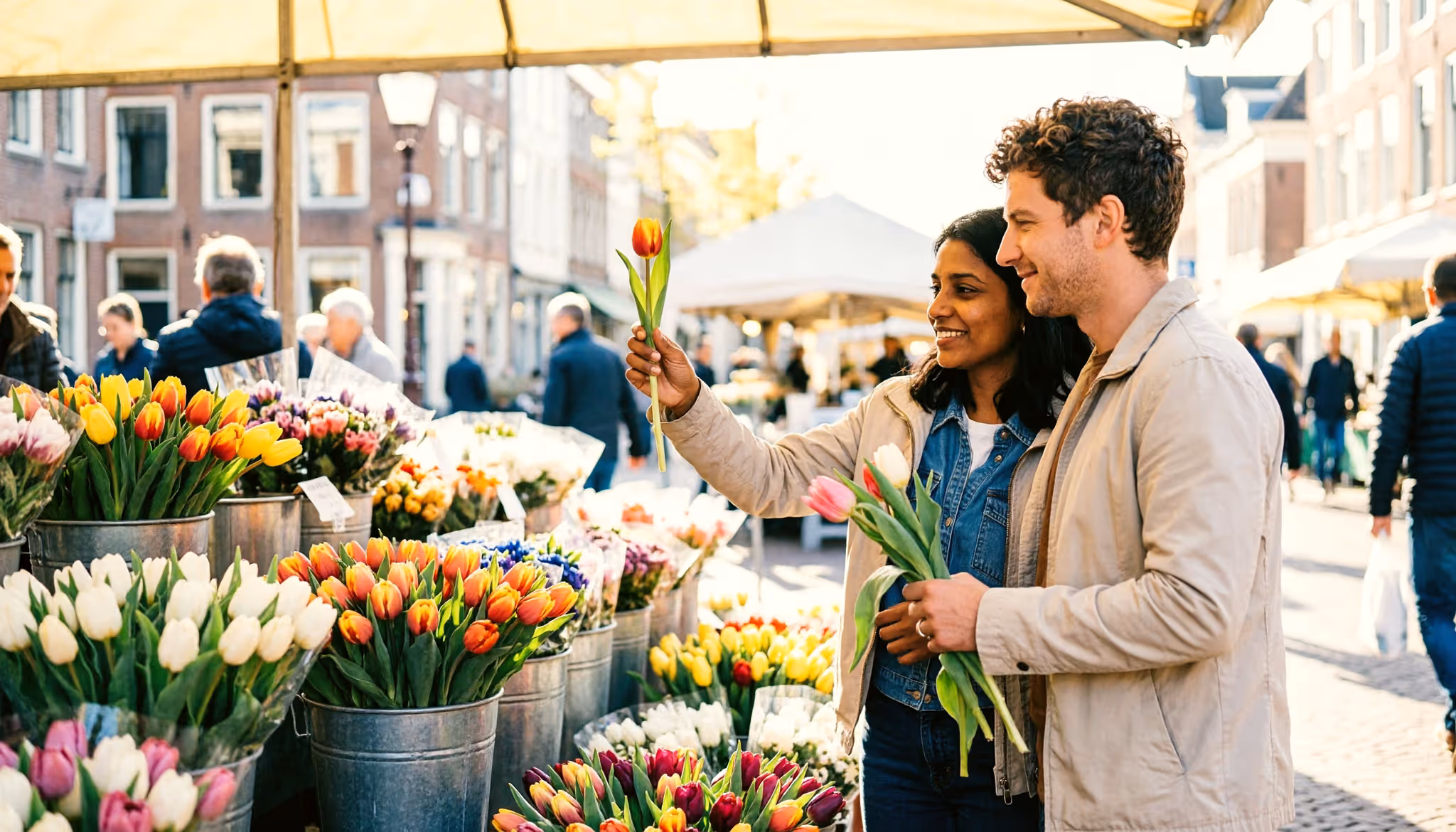 Een stel kiest ontspannen tulpen uit bij een bloemenkraam op een zonnig plein in Nederland.