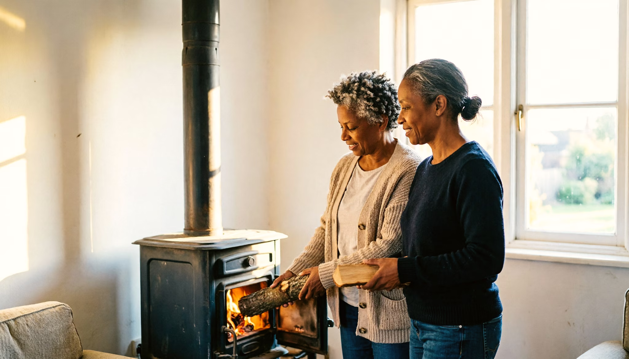Two sisters in their late forties sit together beside a lit wood-burning stove in the evening.