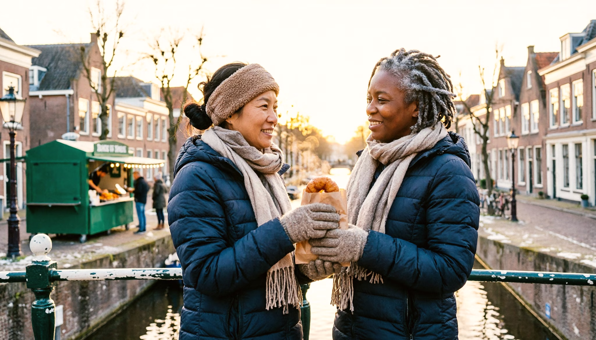 Twee vriendinnen delen een zak oliebollen op een bruggetje over een gracht in een Nederlandse stad op een grijze winterdag