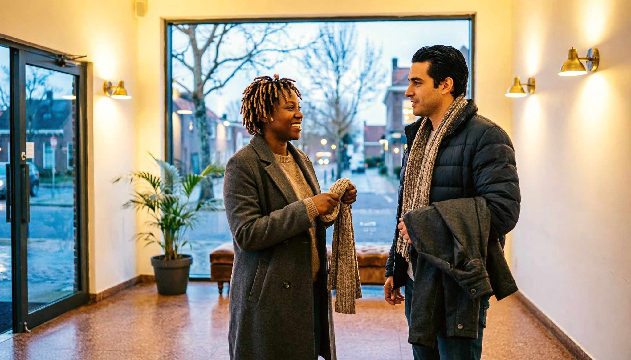 Twee vrienden staan te praten in de warme foyer van een buurtbioscoop op een winteravond