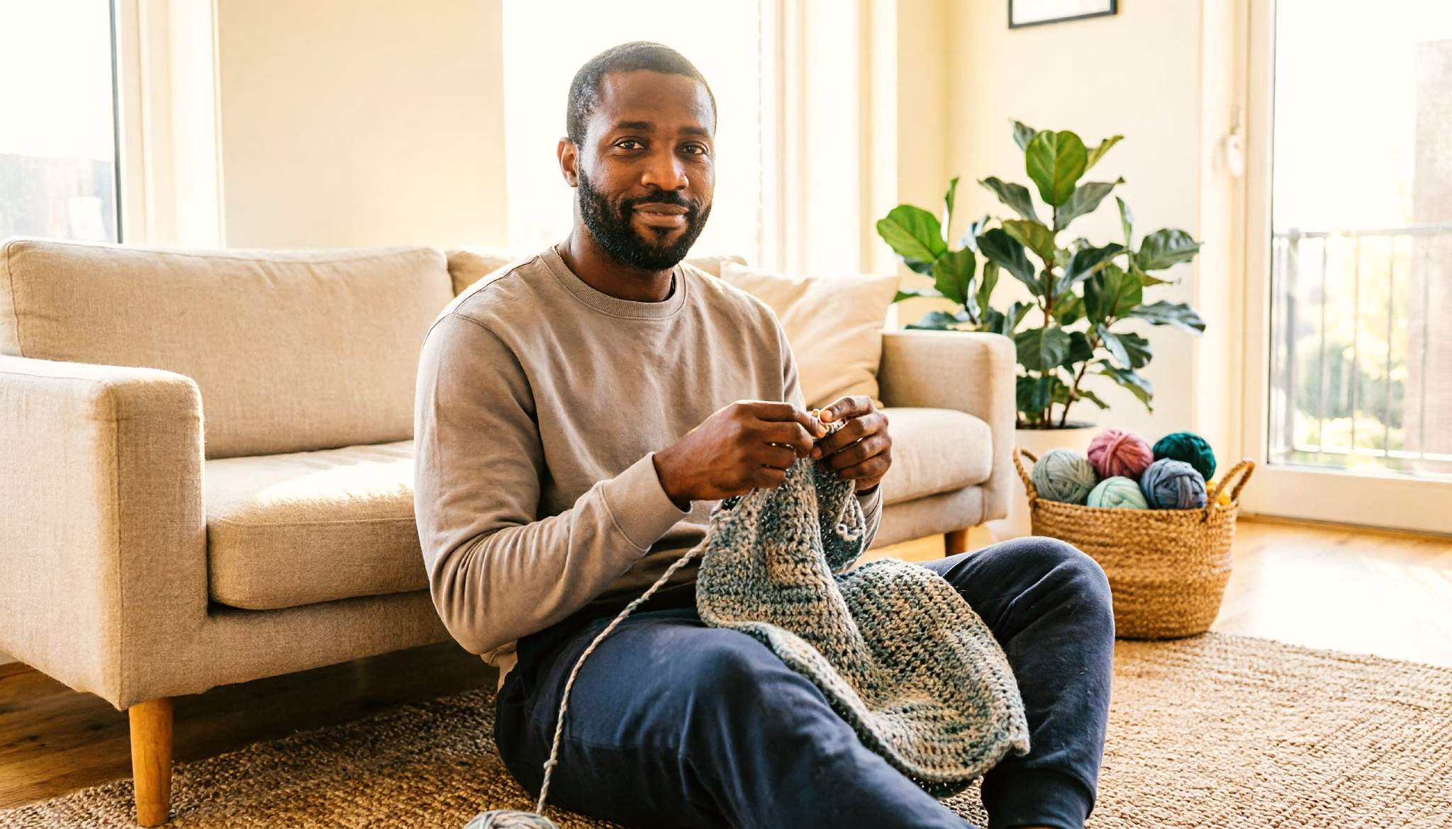 A young man crochets a blanket on the sofa in a sunlit living room