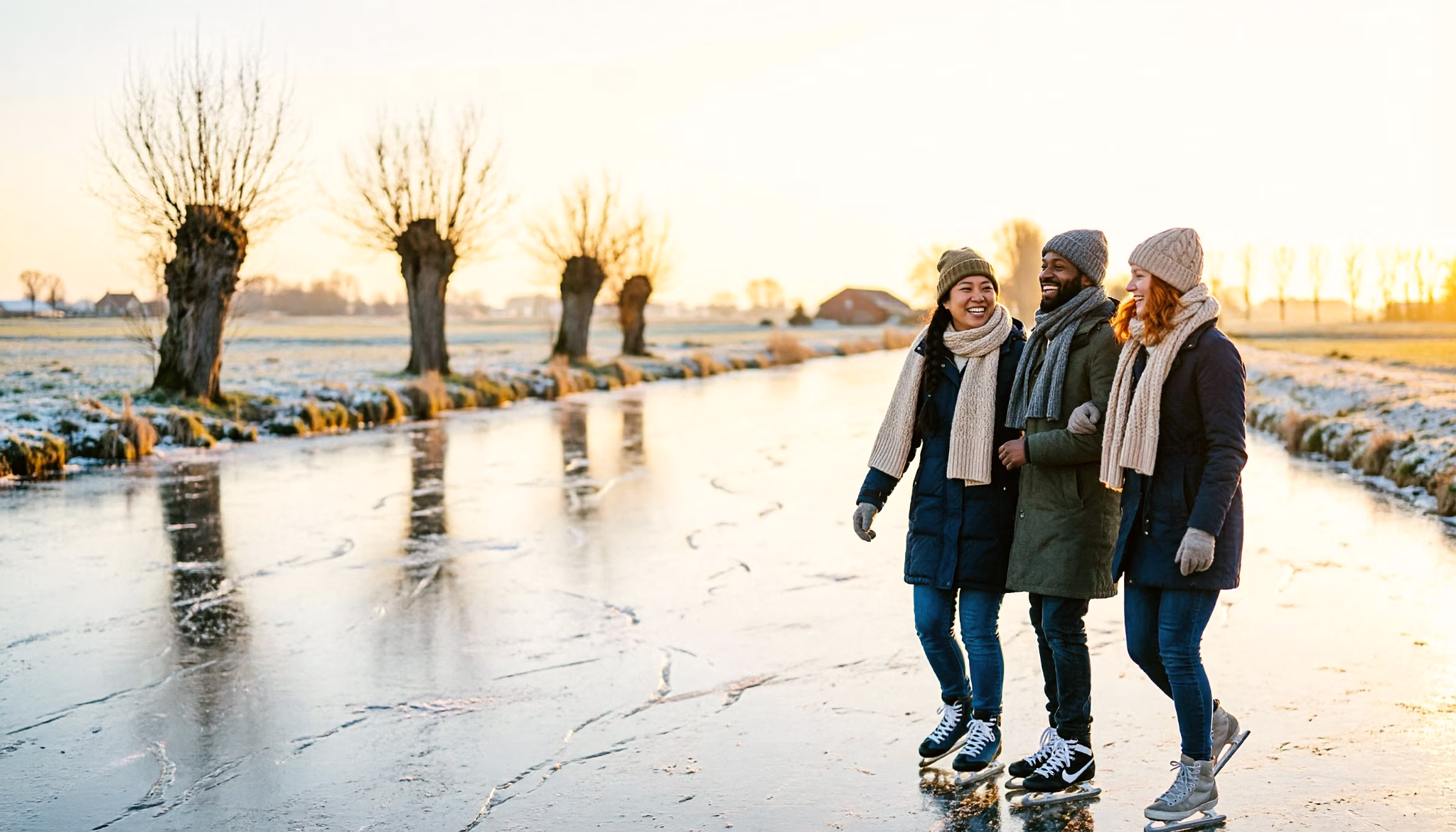 Three friends skate side by side along a frozen Dutch canal on a bright winter afternoon