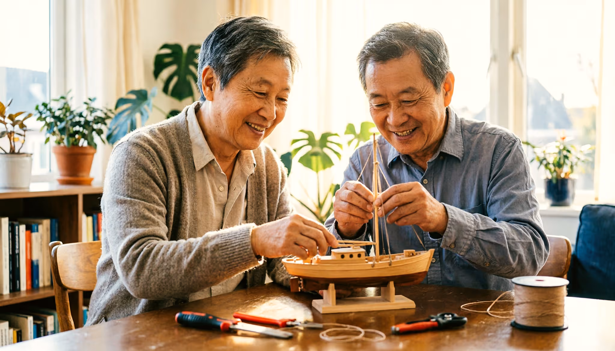 Een ouder stel bouwt samen een houten modelboot aan een zonnige tafel in hun woonkamer