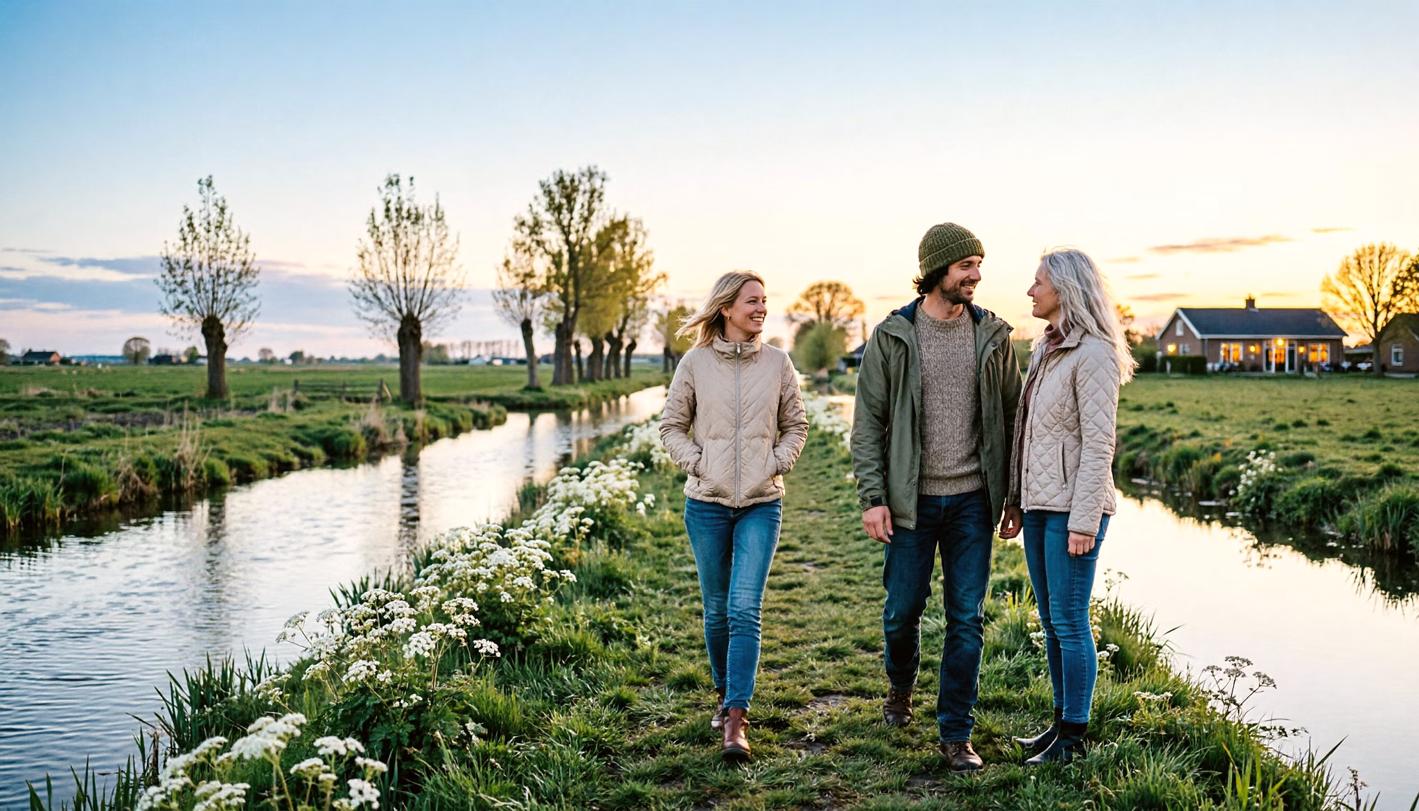 Two people walking out along a grass causeway between two polder ditches on a still spring evening at dusk