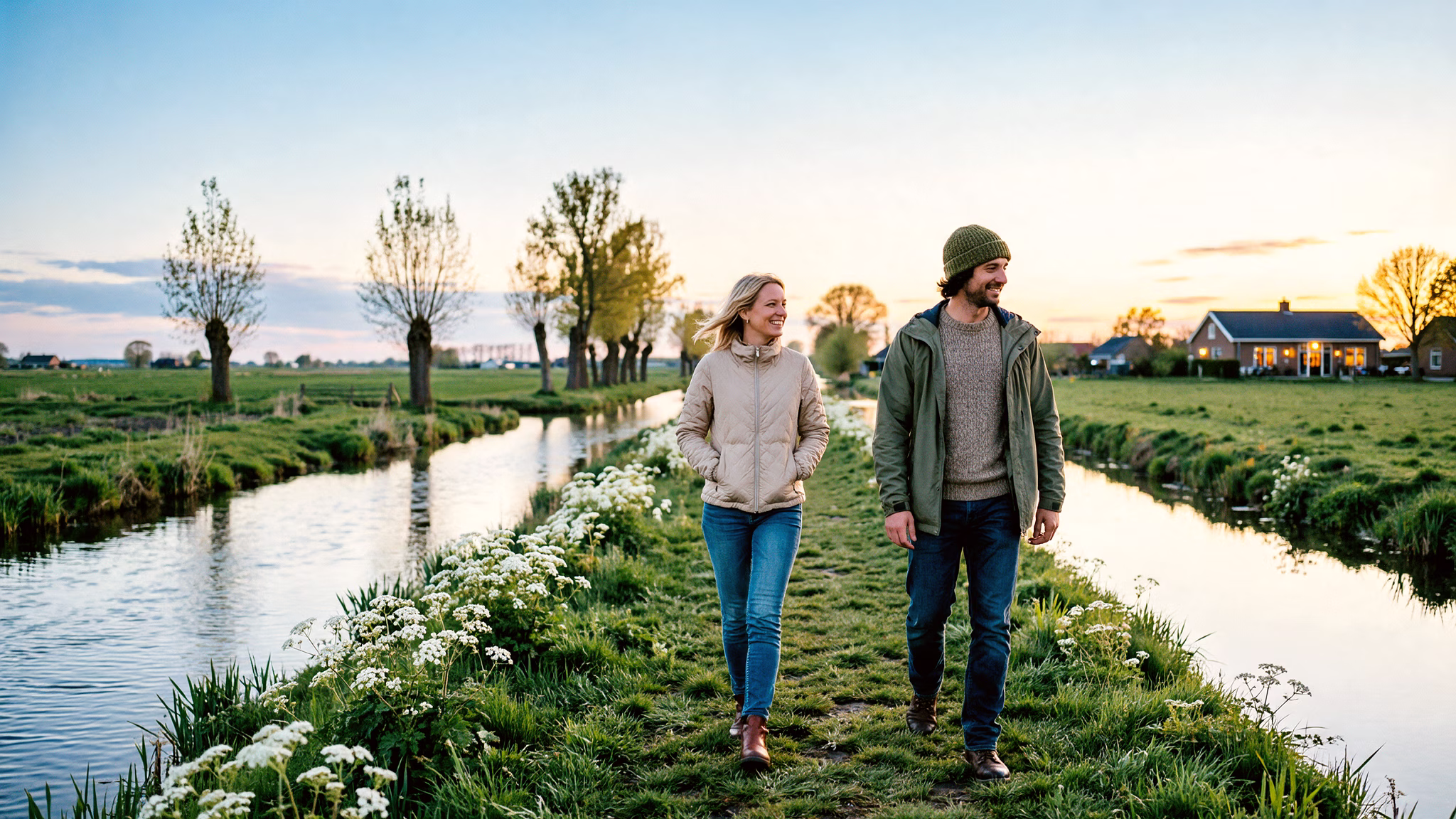 Two people walking out along a grass causeway between two polder ditches on a still spring evening at dusk