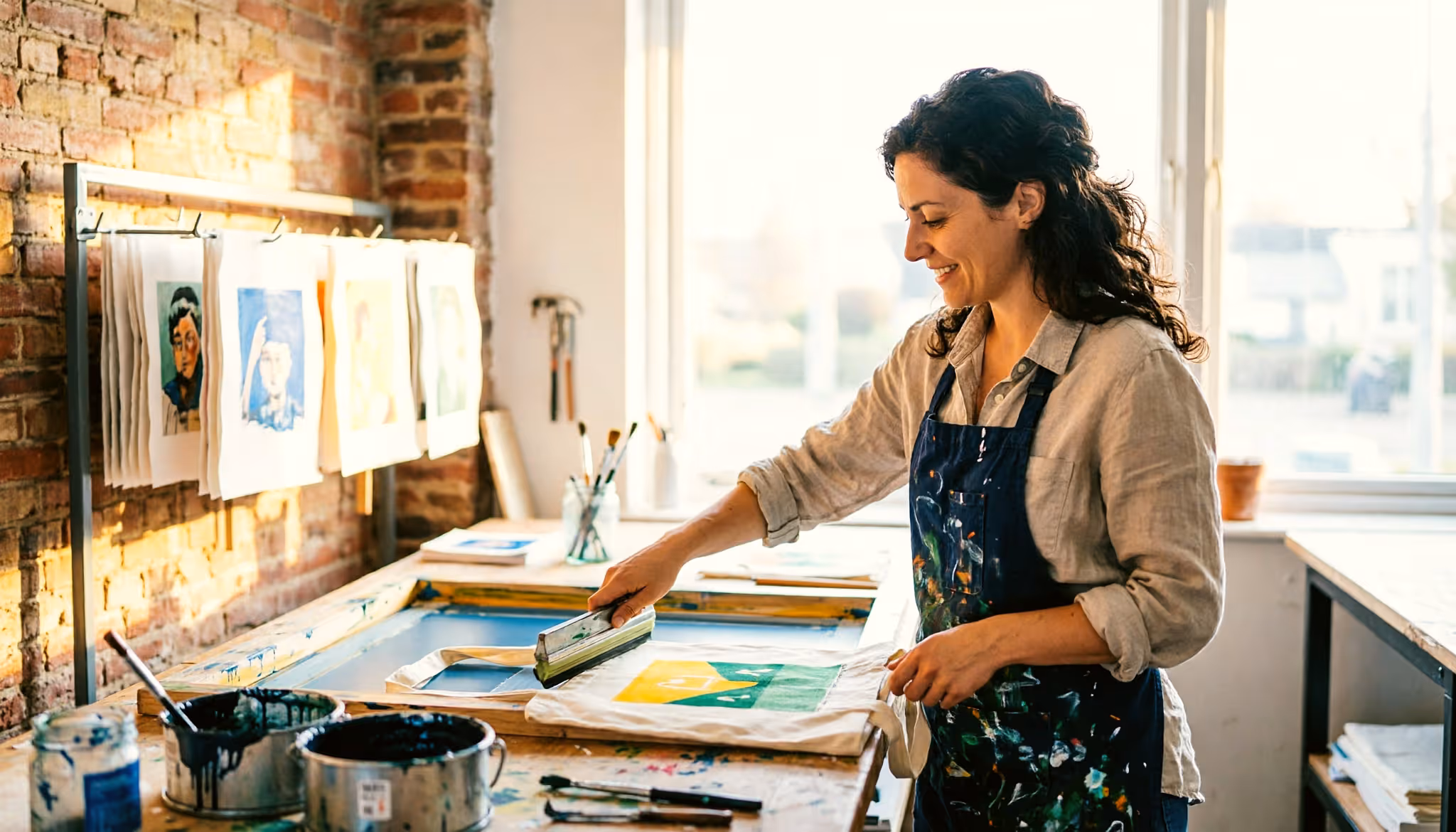 Een jonge vrouw zeefdrukt een kleurrijk ontwerp op een tote bag in een lichte Nederlandse studio