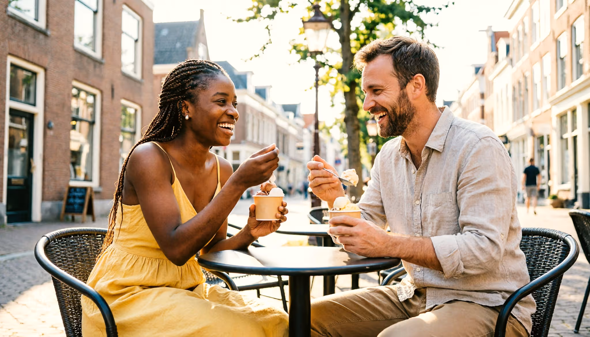 Een stel deelt een ijsje op een terras op een Nederlands stadsplein