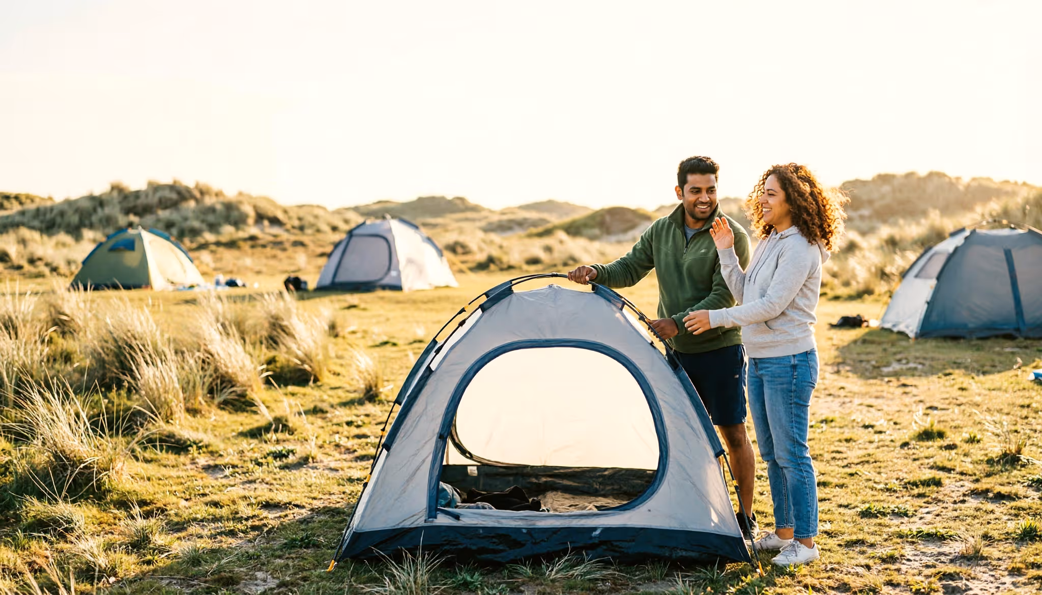 Een stel zet samen een tent op op een zonnige Nederlandse duincamping