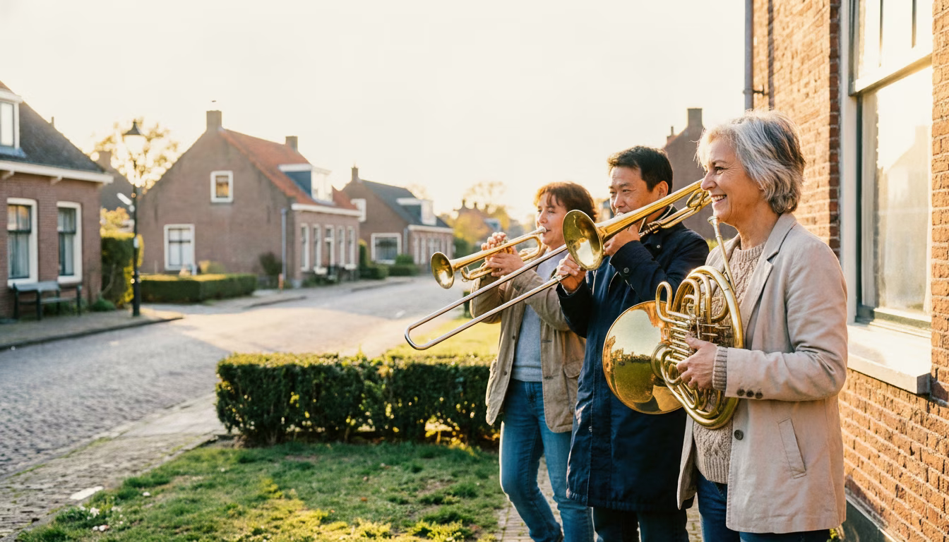 Drie dorpsgenoten spelen samen in een fanfare op een Nederlandse dorpsweide in het avondlicht