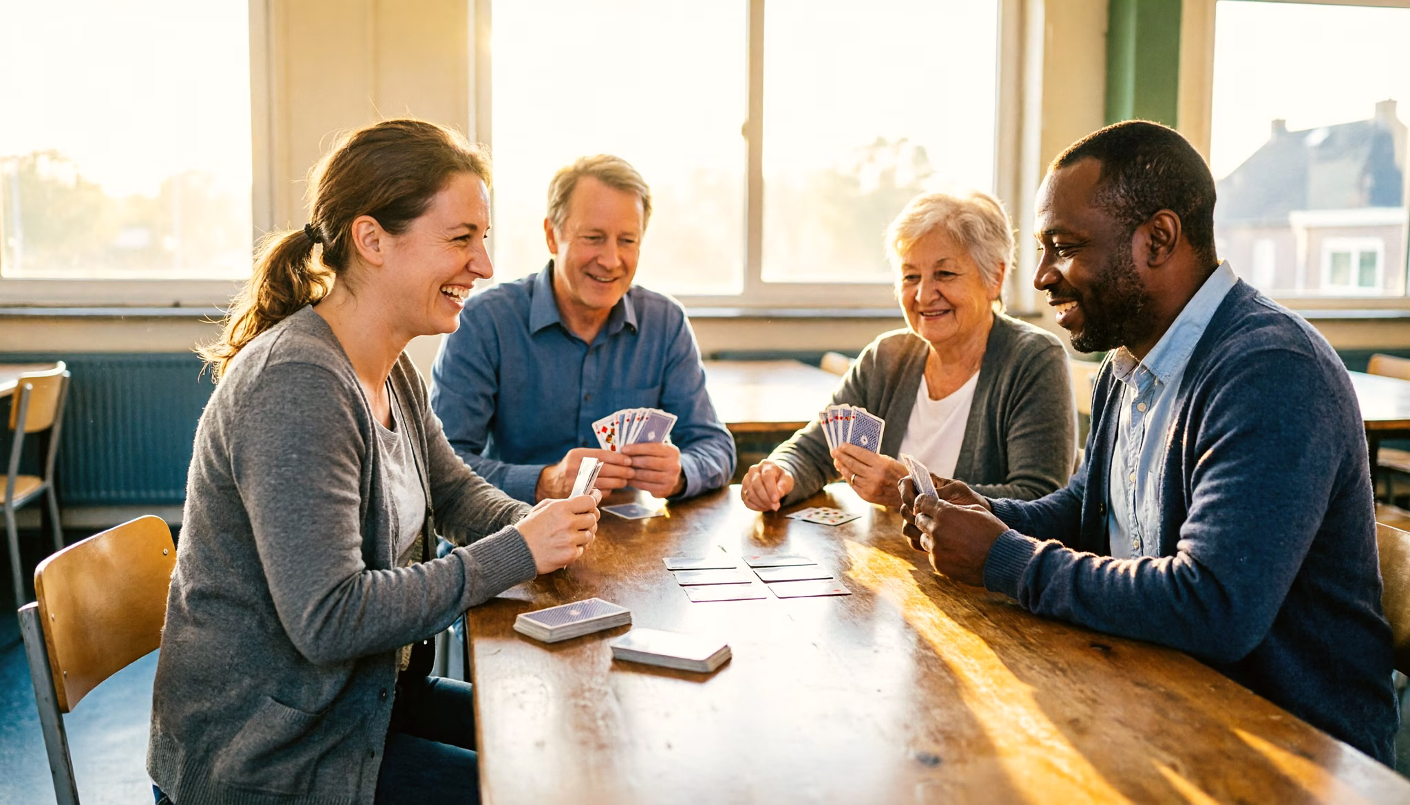 Vier buurtgenoten klaverjassen aan een lange tafel in de kantine van een Nederlandse sportclub