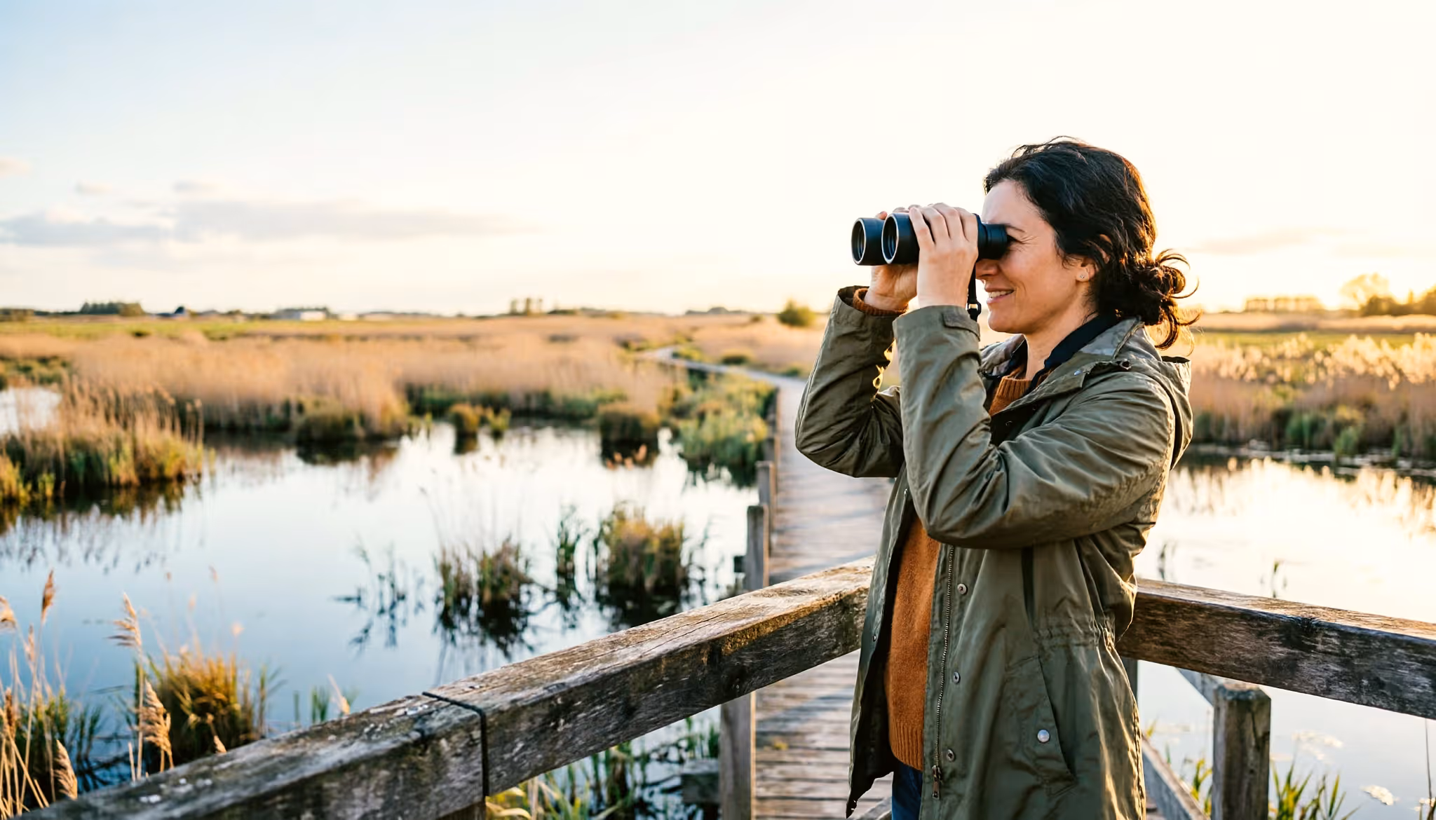 Een vrouw kijkt met een verrekijker naar vogels vanaf een vlonderpad in een Nederlands moerasgebied