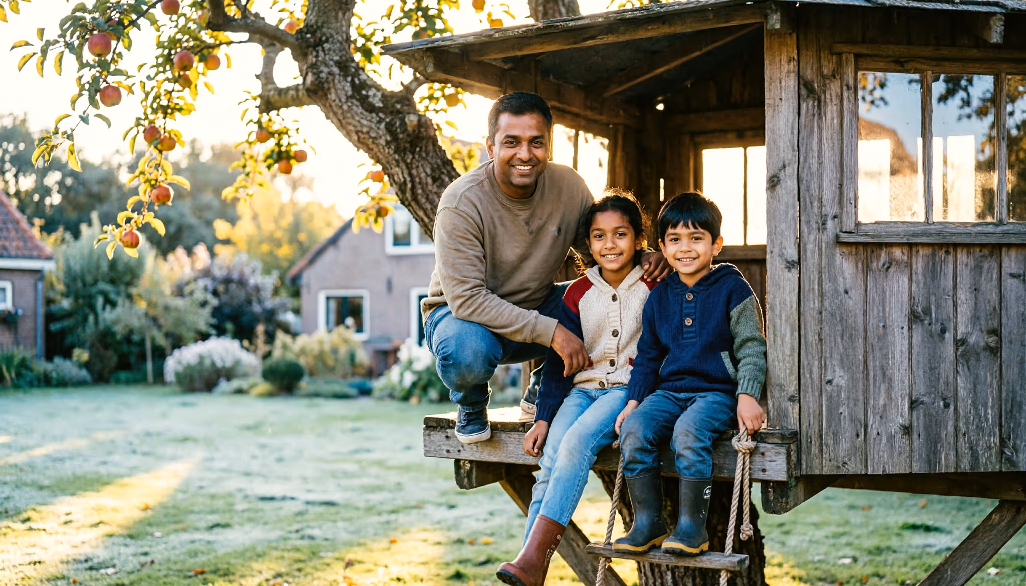 A father and his two children sit together in a treehouse that has grown too small for them