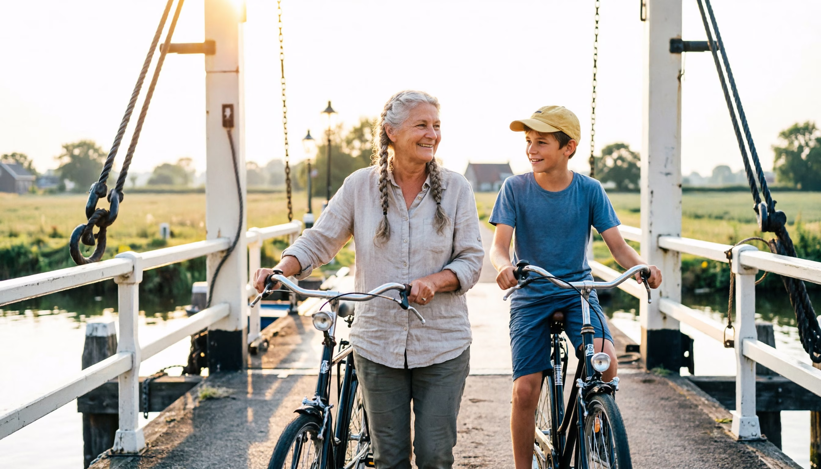 A woman and a teenager walk their bicycles across a small lifting bridge that has just come back down, on a bright summer morning