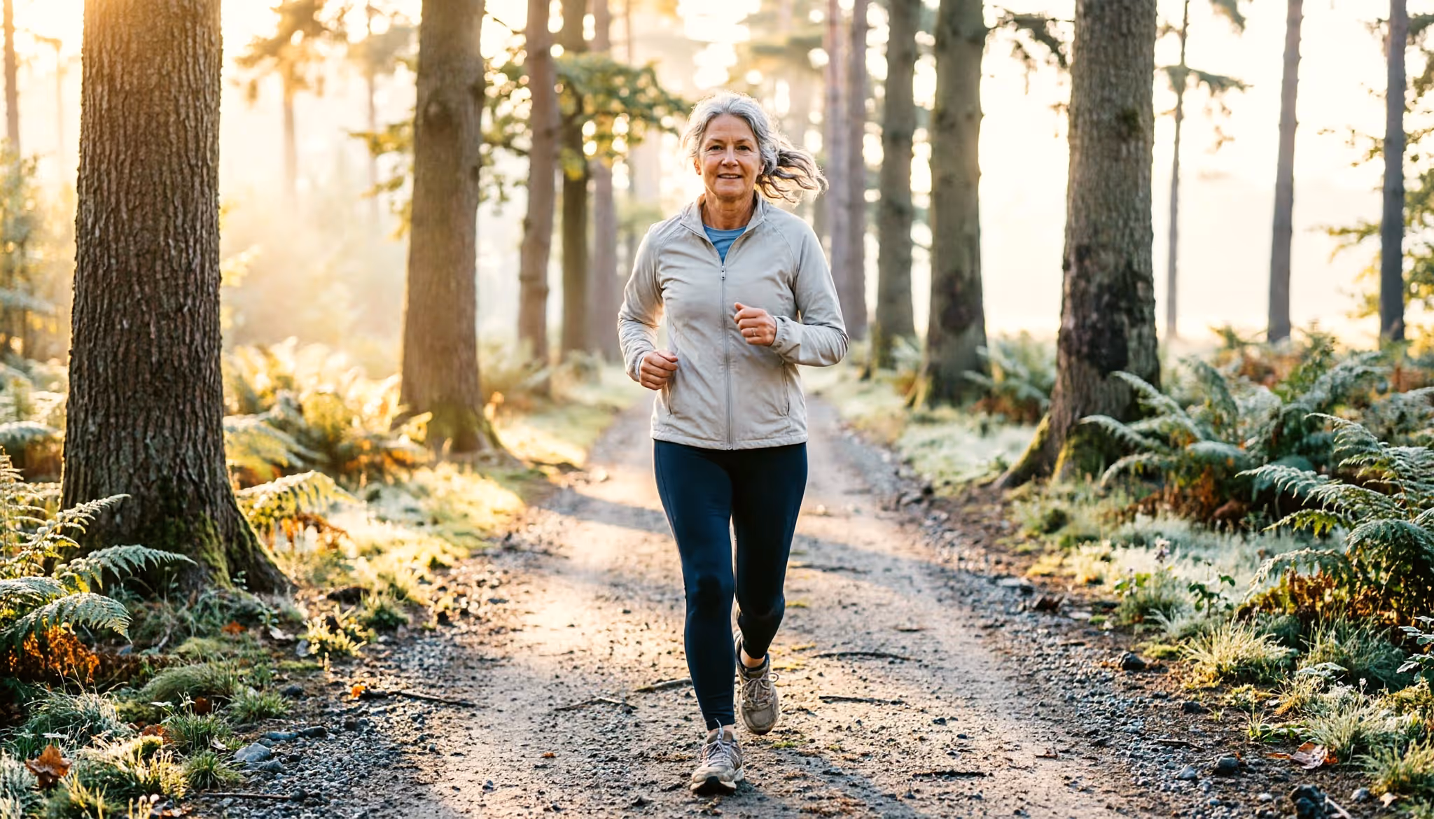 A woman jogs at an easy pace along a sunlit forest path in the Netherlands