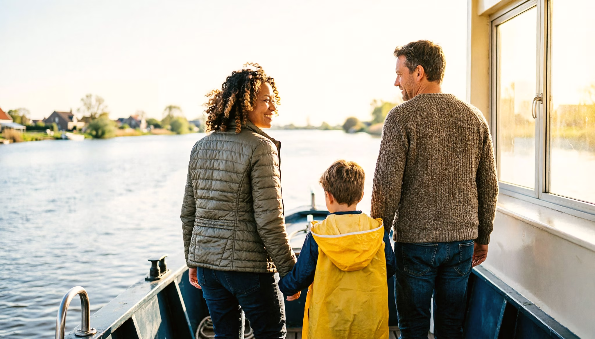 A family walks up the gangway of a small river boat on a bright spring morning, the youngest a step ahead and turning to wait for the other two