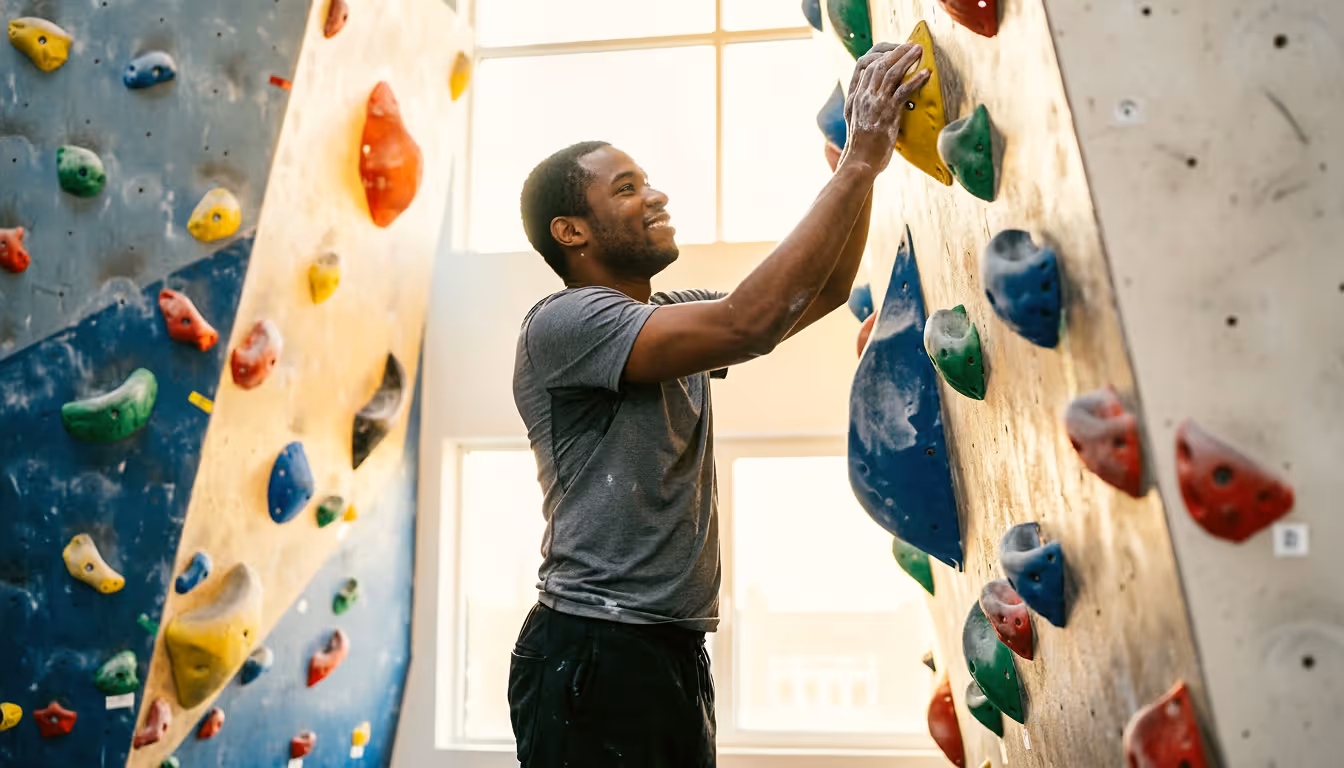 A man reaches for a hold on an indoor climbing wall in a bright Dutch gym