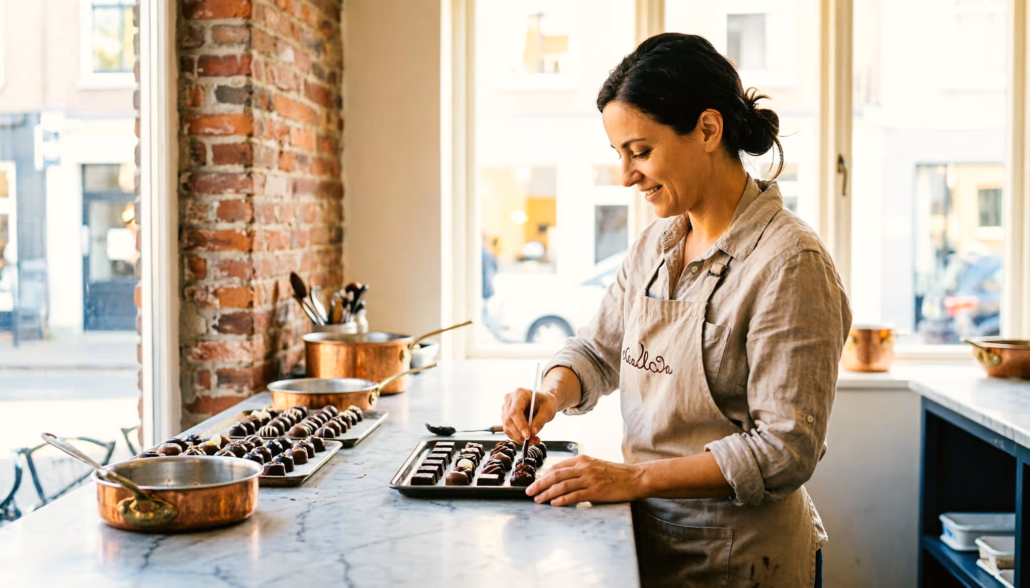 A chocolate maker decorates fresh chocolates in a warm-lit Dutch atelier