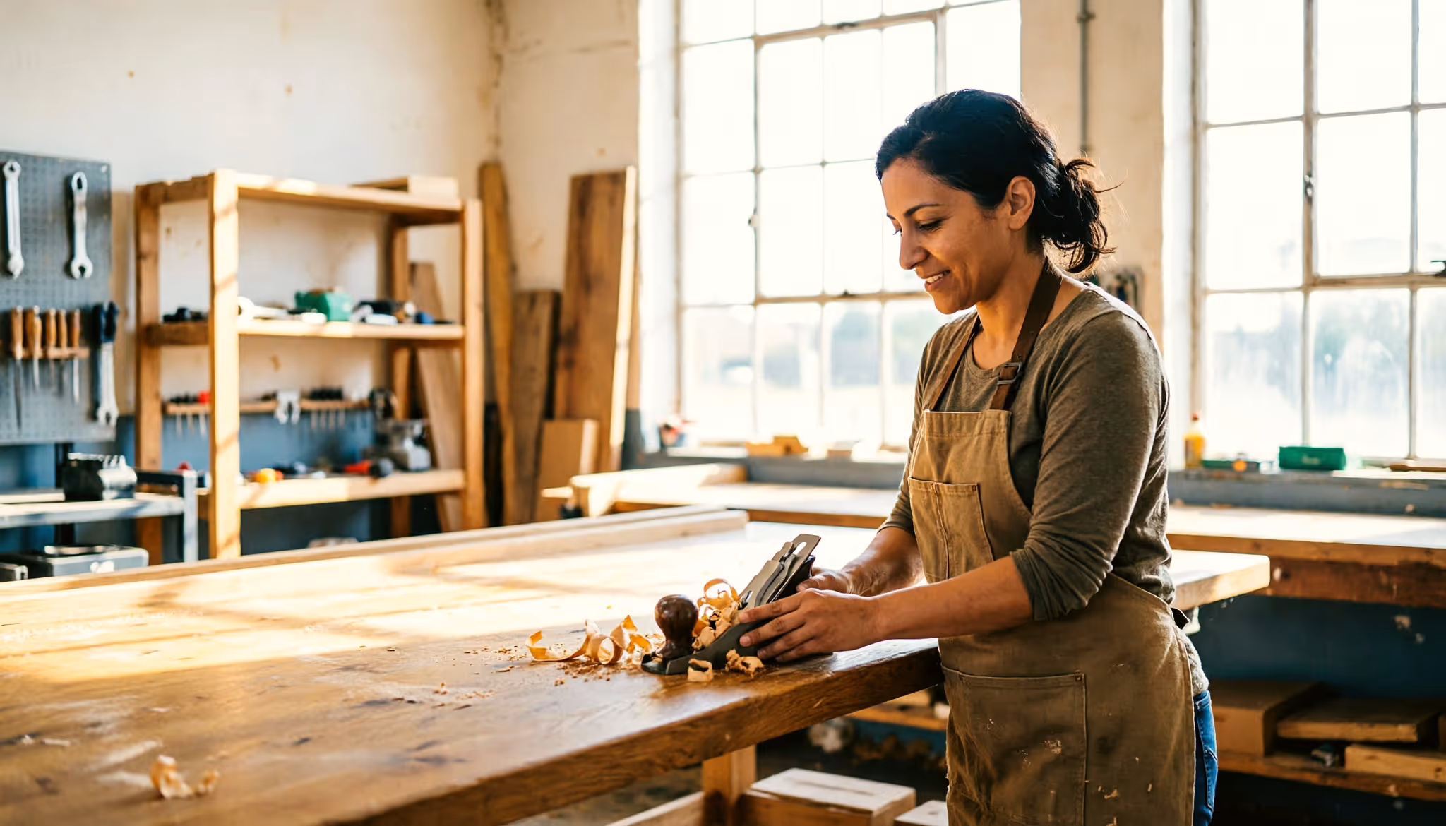A furniture maker planes an oak tabletop in her small Dutch workshop, ready for a client abroad
