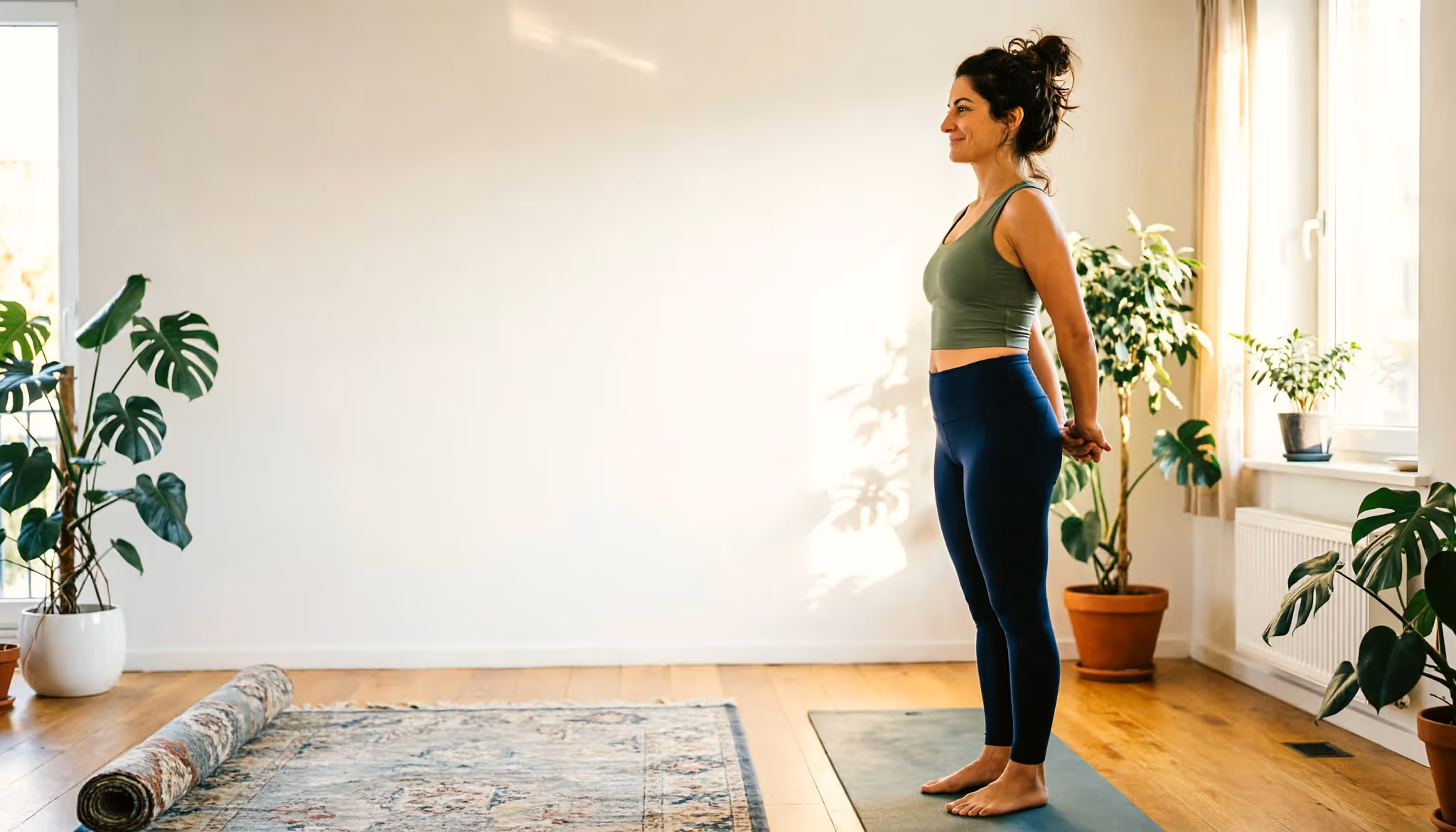 Een vrouw houdt een rustige yogahouding aan in haar zonnige woonkamer op een rustige ochtend