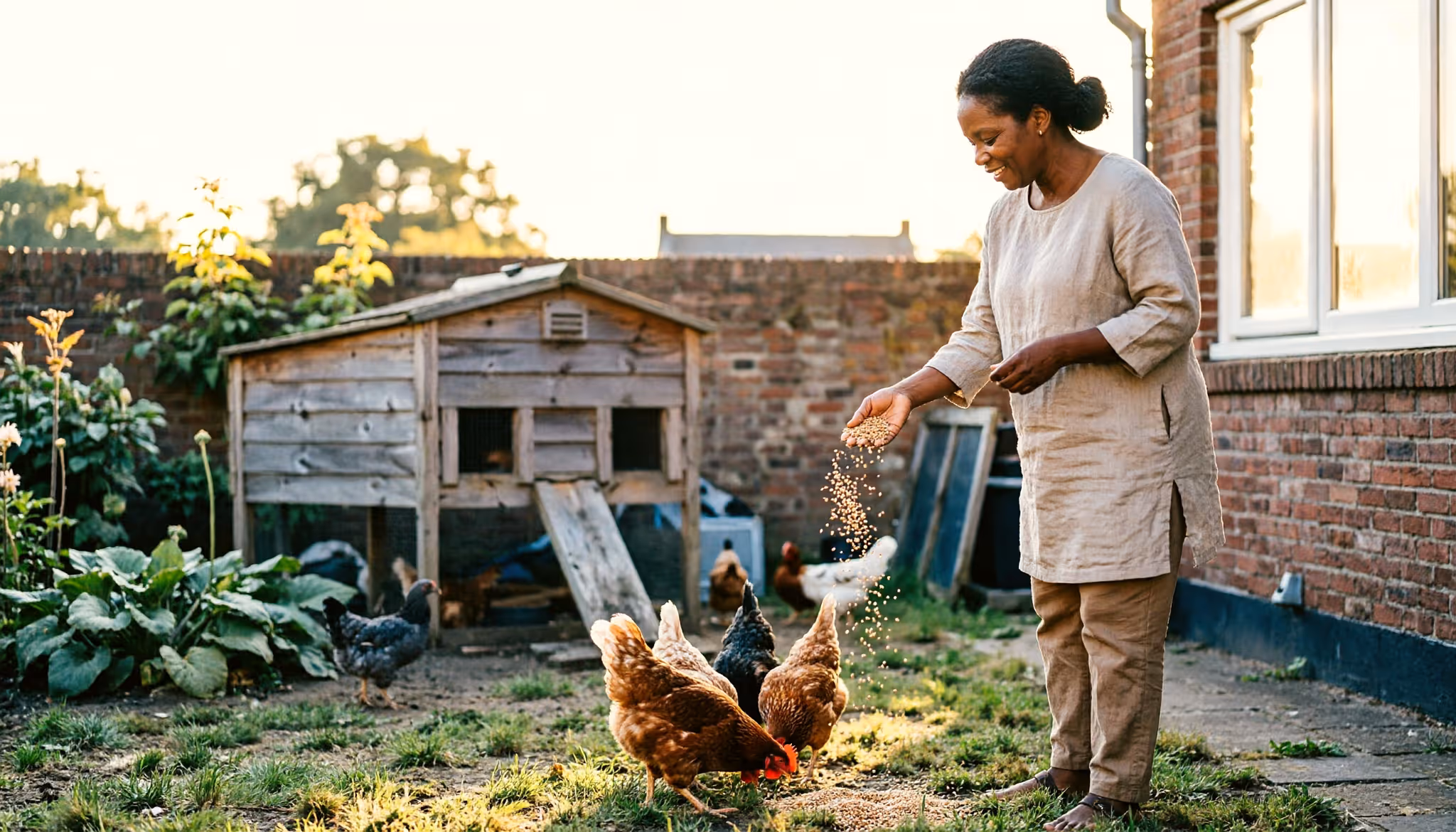 Een vrouw van in de vijftig strooit graan voor een paar kippen in een groene Nederlandse achtertuin