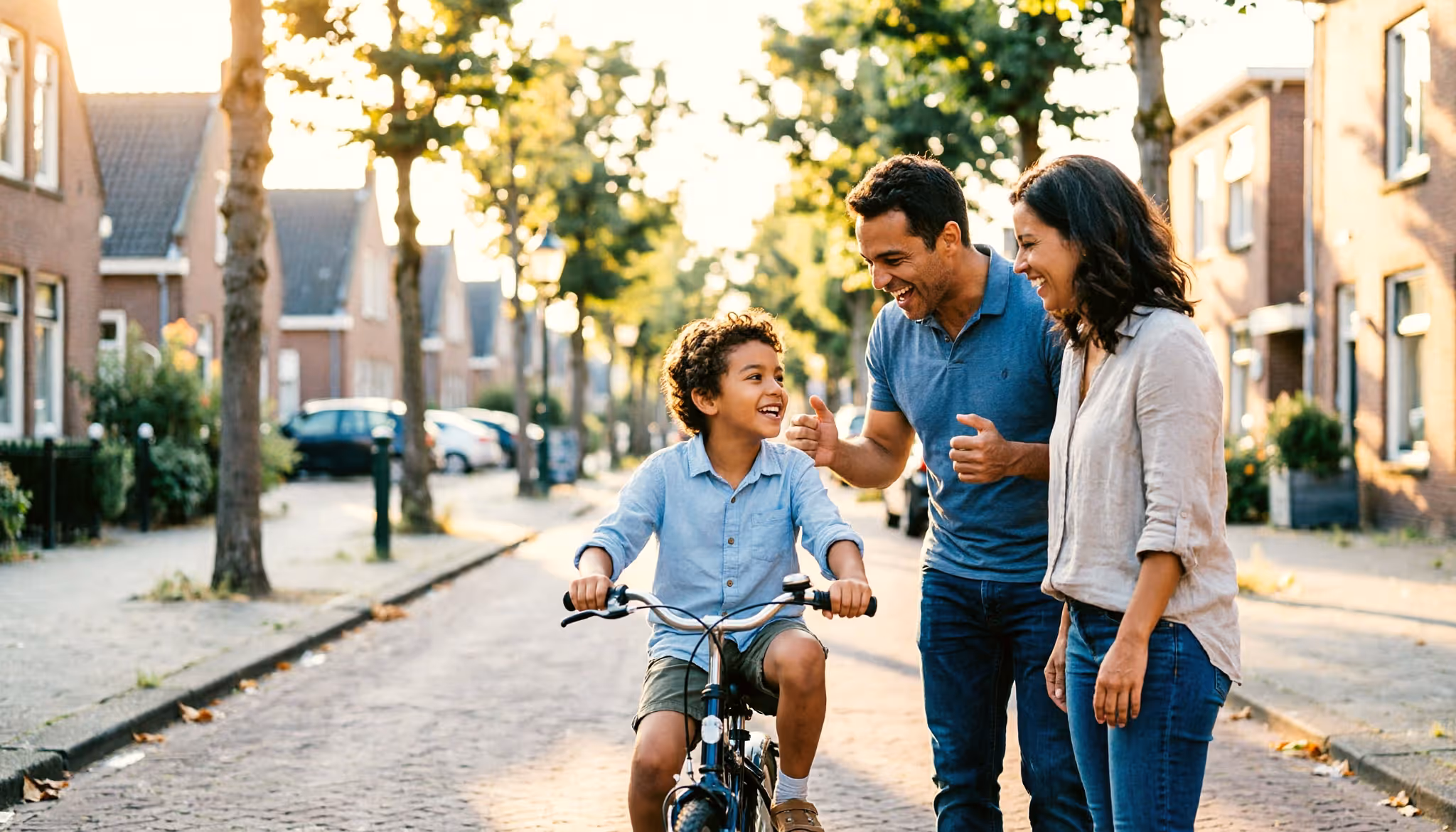 Family with two young children taking turns on a pedal go-kart in a Dutch play street