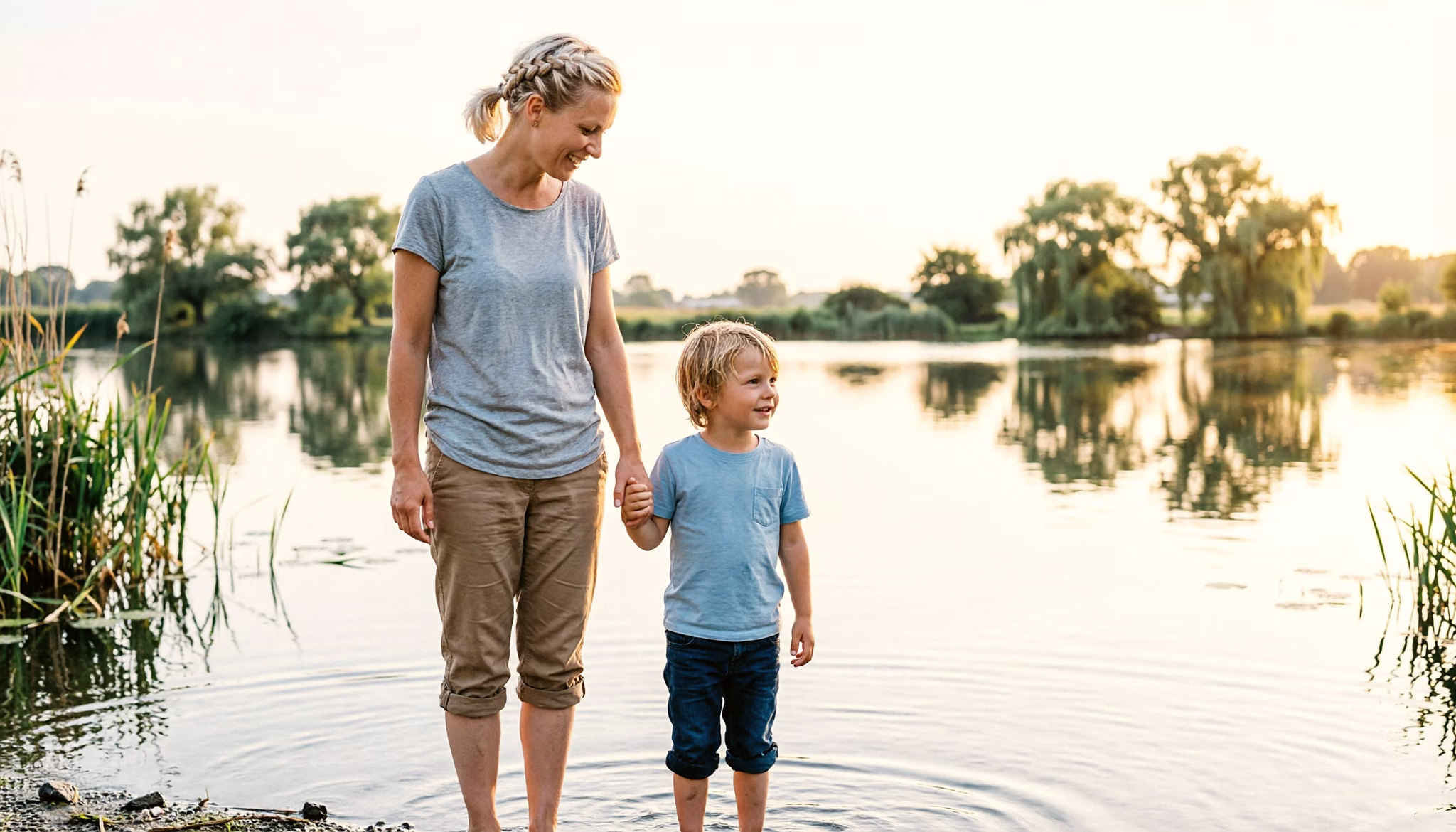 Een moeder en haar zoontje staan tot hun enkels in het water aan de rand van een plas op een stille zomerochtend