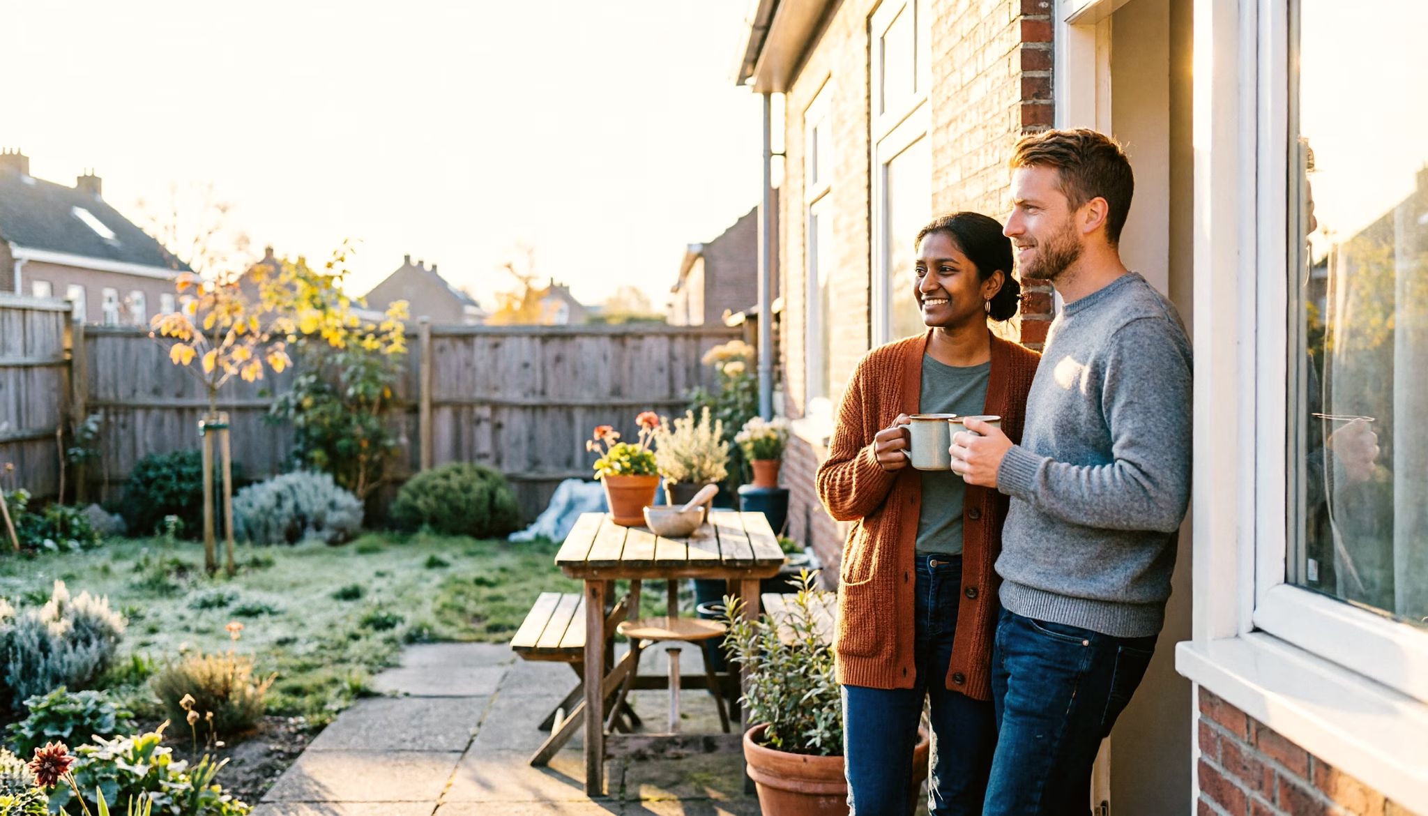 A couple in their early thirties stand with mugs of coffee at the open back door of their first house, looking over the sunny garden.