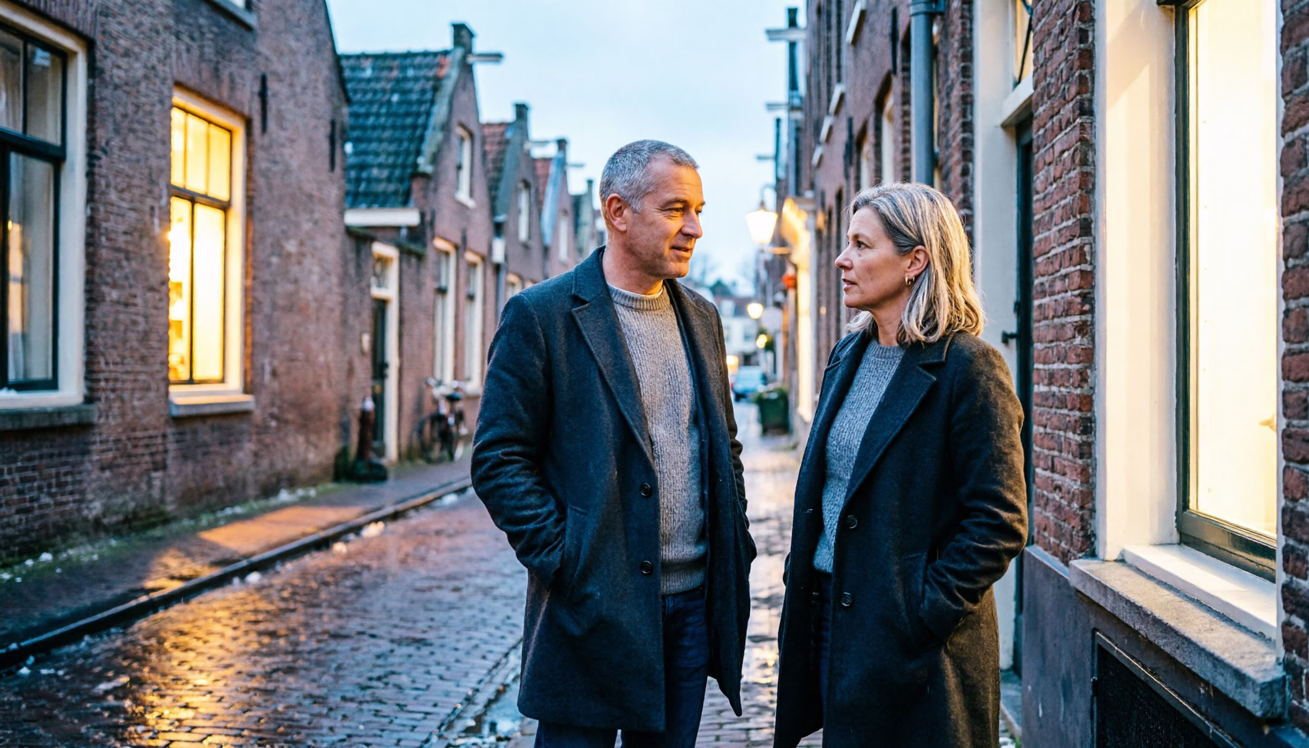 Twee compagnons in gesprek op een natte Amsterdamse zijstraat in de schemering, de rust die een compagnonsverzekering hoort te geven