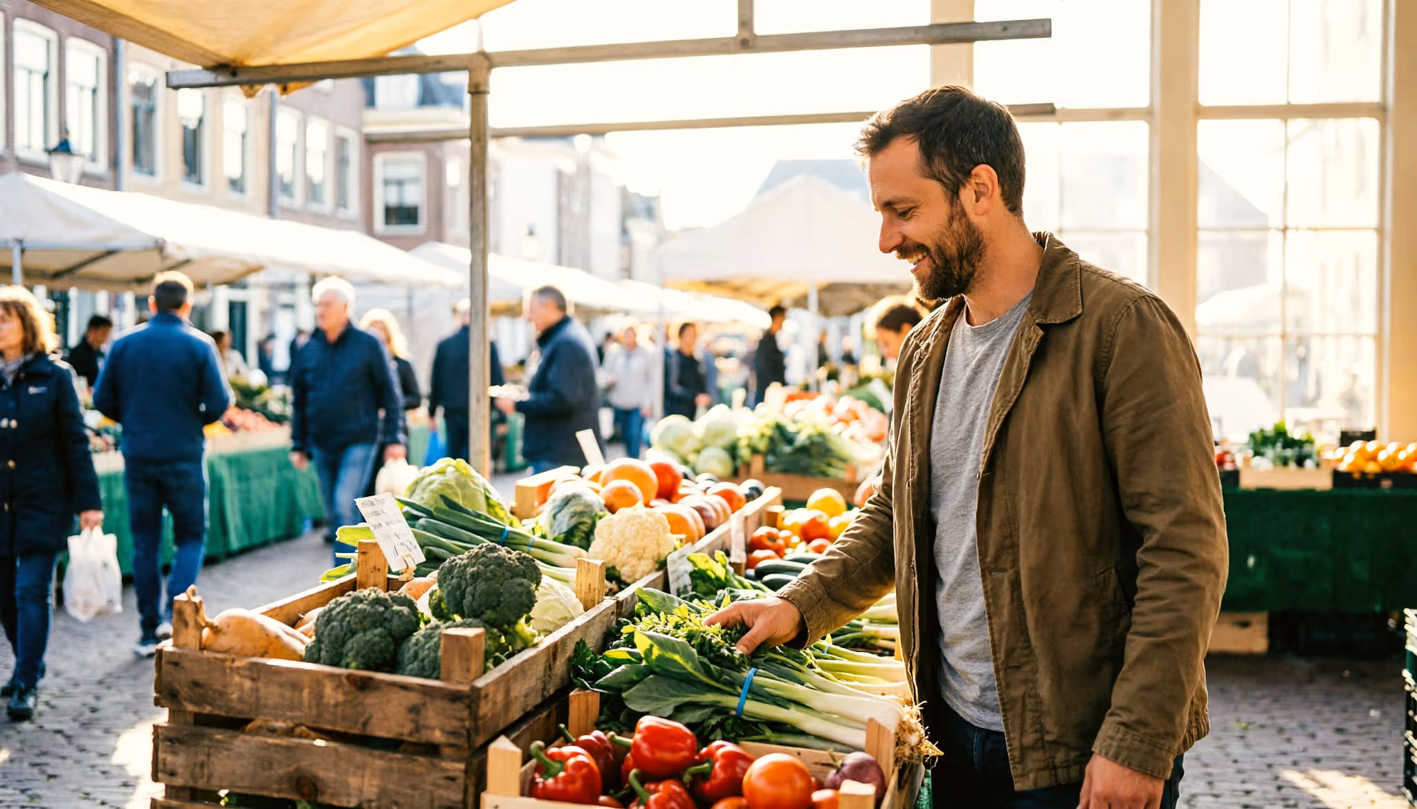 Een man van begin dertig kiest op een zonnige zaterdag ontspannen verse groenten uit op een levendig Nederlands marktplein vol kramen