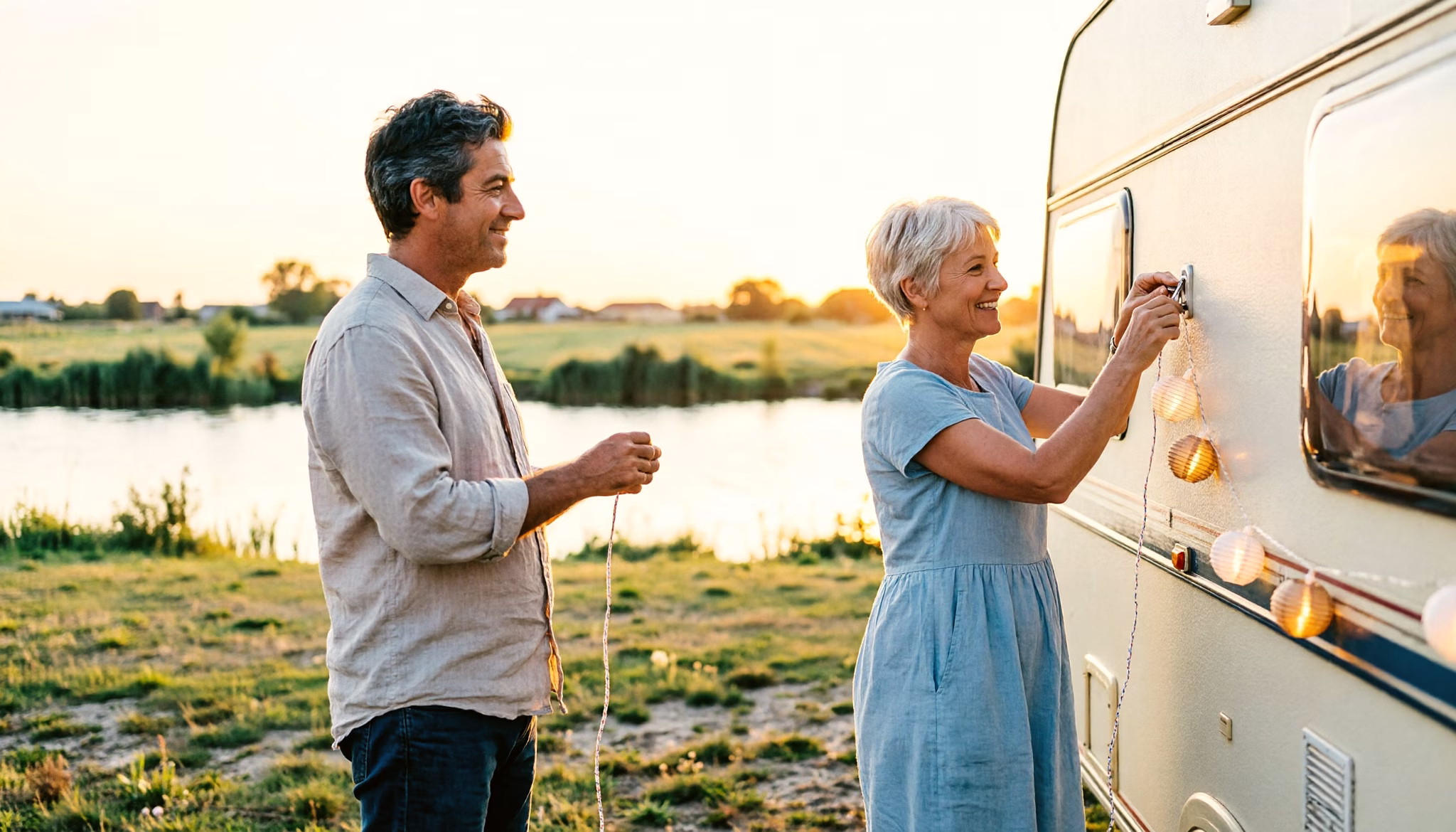 A couple in their fifties hanging paper lanterns along their touring caravan at a Dutch holiday park