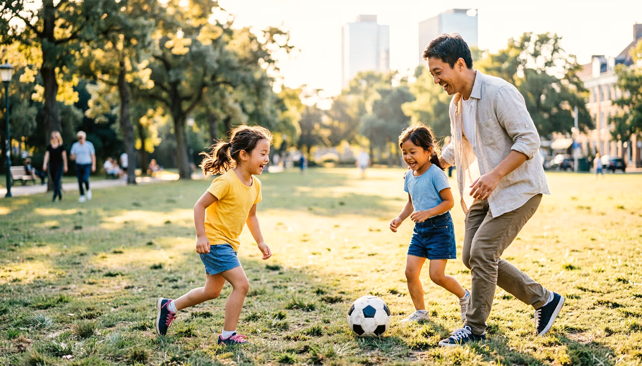 A father and his young daughter play football together in a sunlit Dutch park