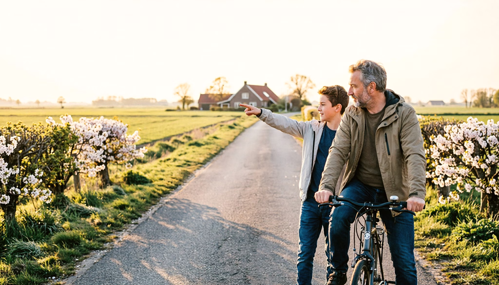 Een vader en zijn tienerzoon fietsen bij het eerste ochtendlicht over een landweggetje naar huis