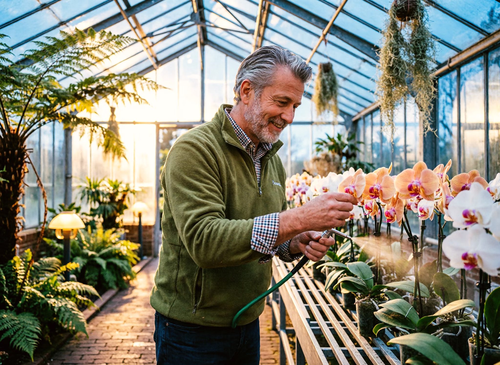A man mists a row of orchids on his own in the glasshouse of a Dutch botanical garden at dusk